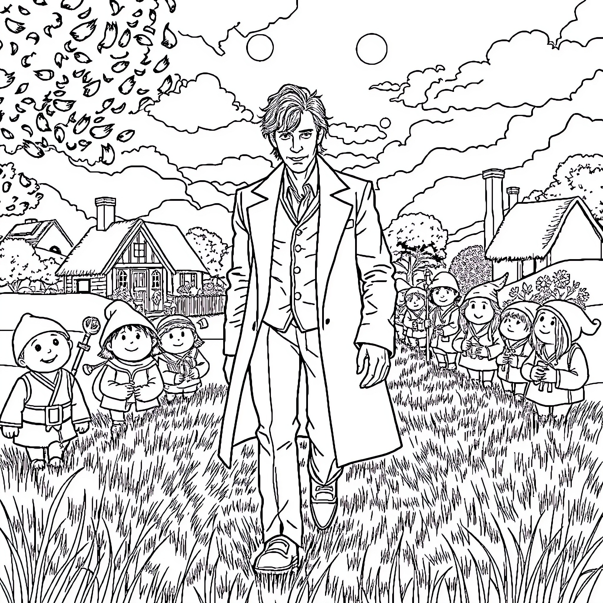 Doctor standing with group of children in rural scene Coloring Page (free black-and-white line drawing printable PDF for all, from beginners to advanced learners, including children, teens, adults, and seniors)