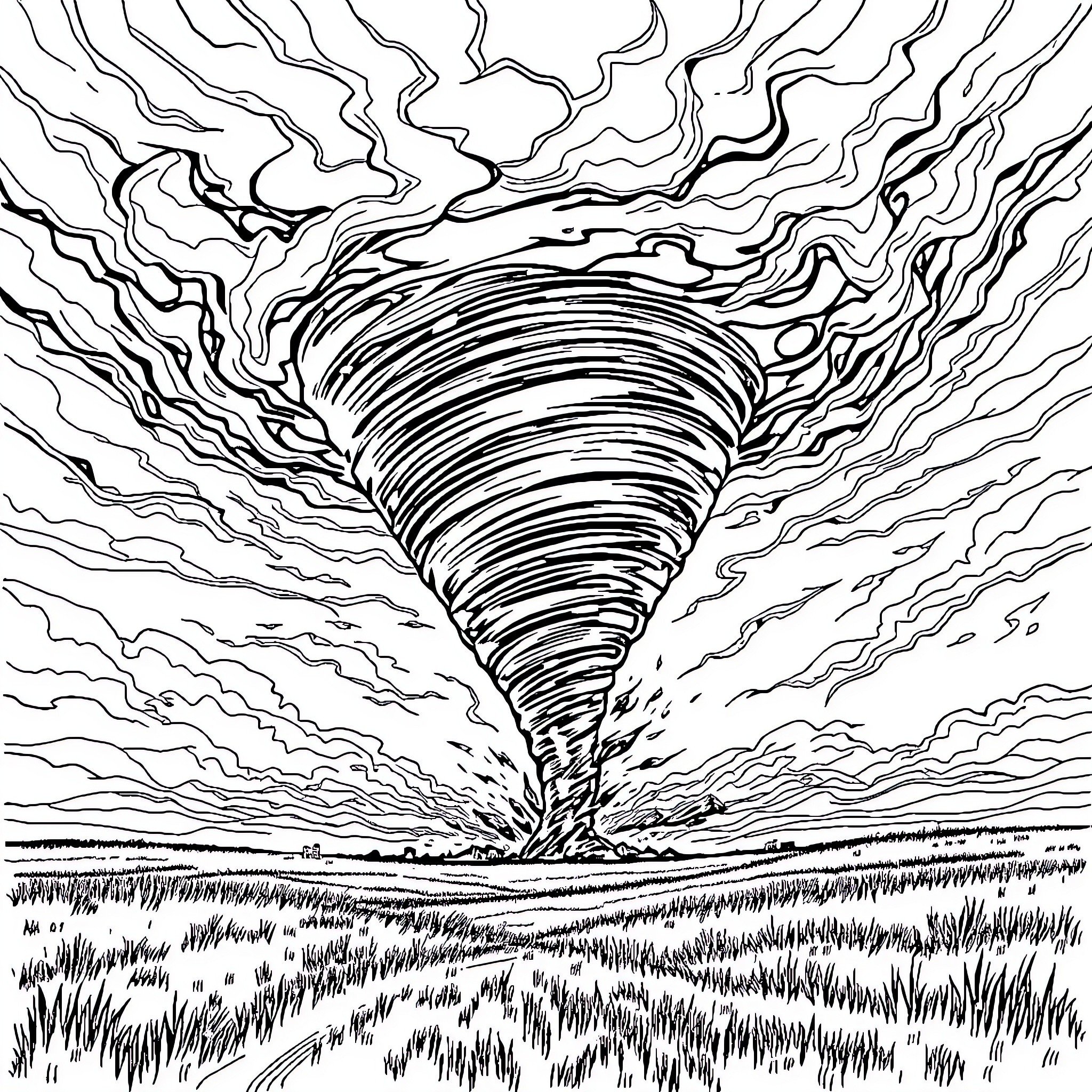 Tornado approaching over a grassy field Coloring Page (free black-and-white line drawing printable PDF for all, from beginners to advanced learners, including children, teens, adults, and seniors)