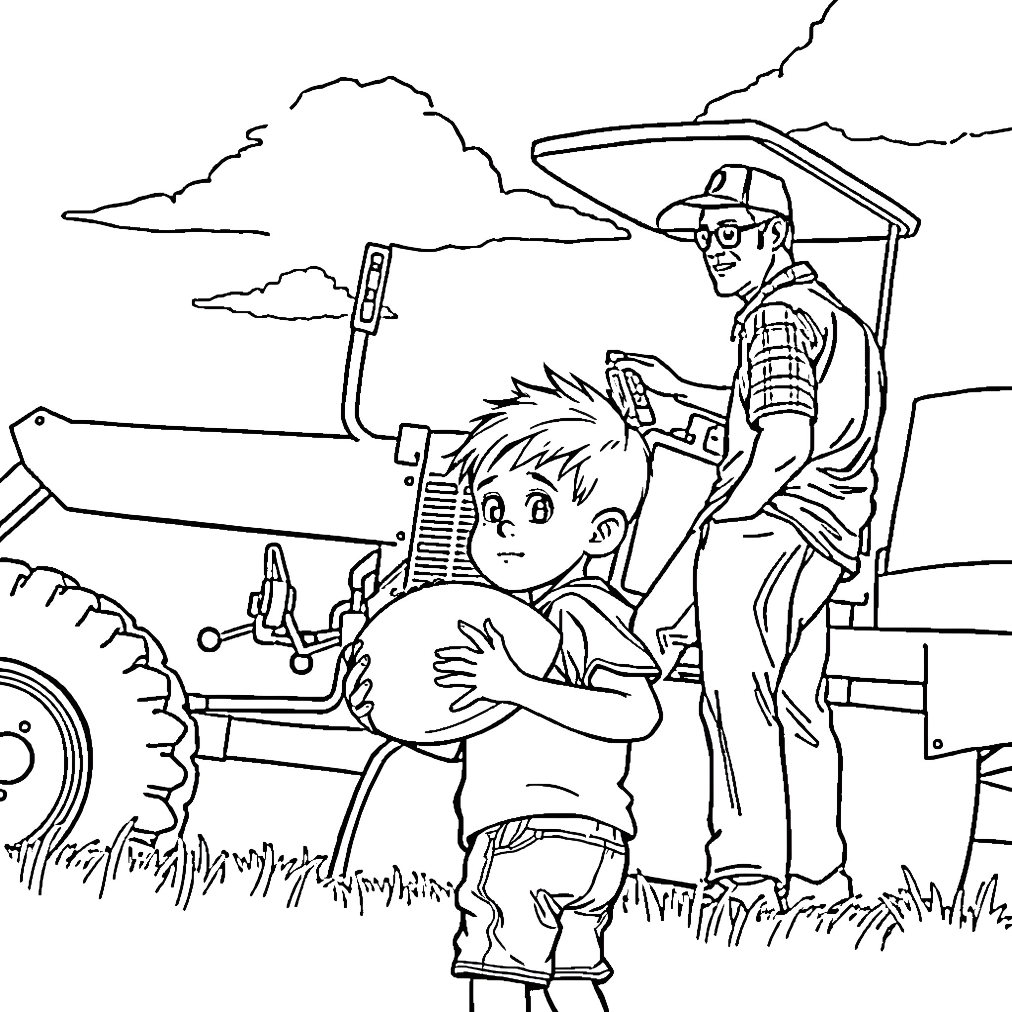 Boy works with farmer near tractor in field Coloring Page (free black-and-white line drawing printable PDF for all, from beginners to advanced learners, including children, teens, adults, and seniors)