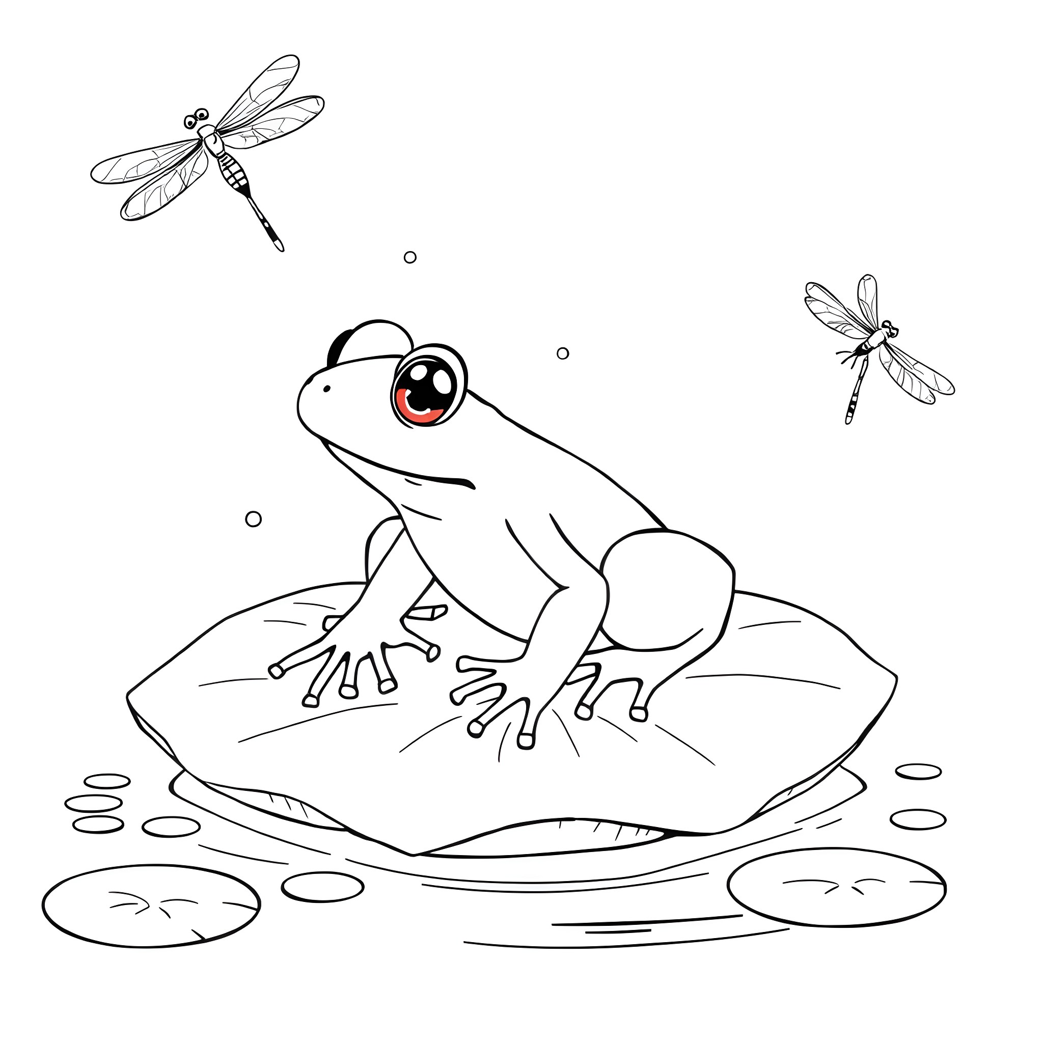 Frog and dragonflies in pond Coloring Page (free black-and-white line drawing printable PDF for all, from beginners to advanced learners, including children, teens, adults, and seniors)