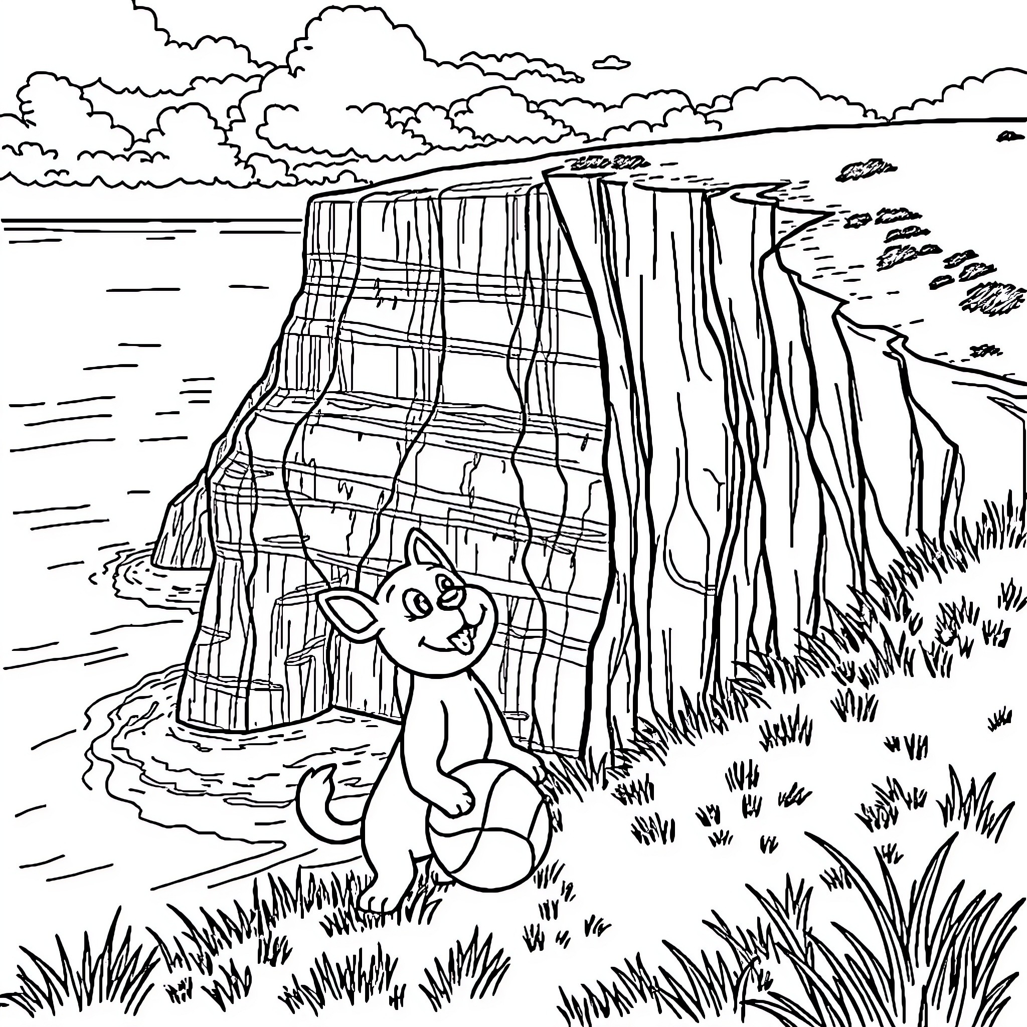 Bluey's Adventure at the Cliffs Coloring Page (free black-and-white line drawing printable PDF for all, from beginners to advanced learners, including children, teens, adults, and seniors)