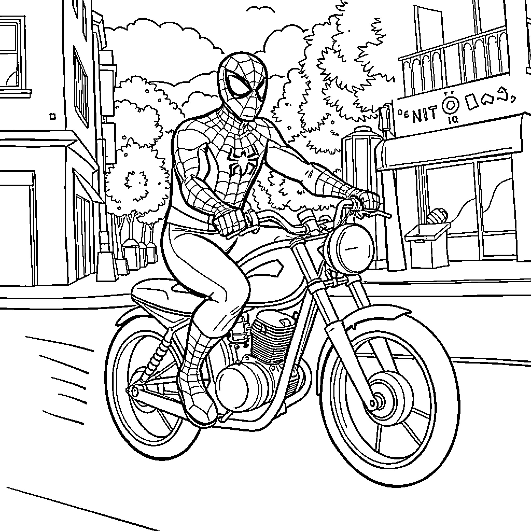 Spidey rides a motorcycle through the city Coloring Page (free black-and-white line drawing printable PDF for all, from beginners to advanced learners, including children, teens, adults, and seniors)