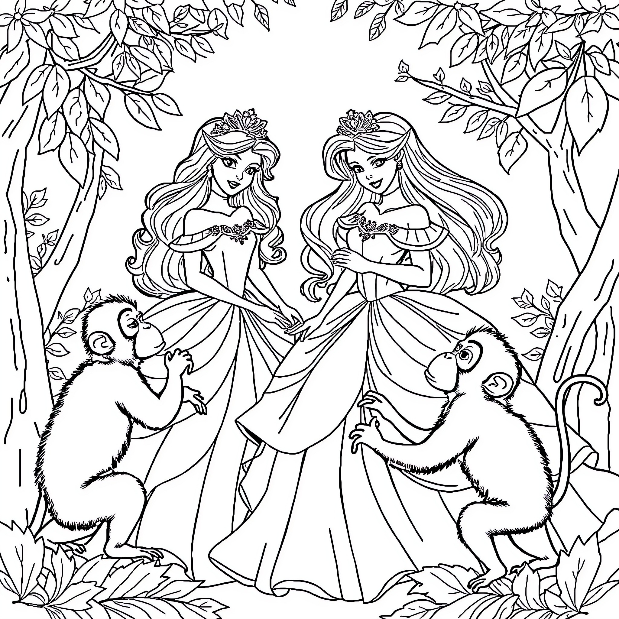Princess Maidens in Enchanted Forest Coloring Page (free black-and-white line drawing printable PDF for all, from beginners to advanced learners, including children, teens, adults, and seniors)