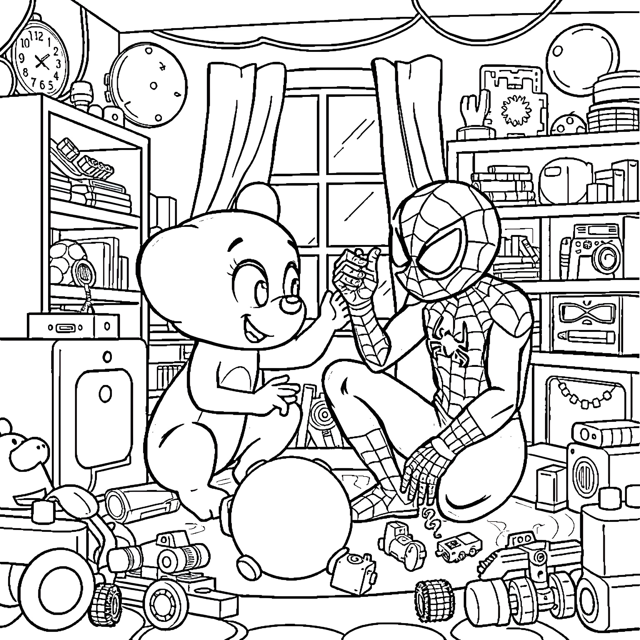 Bluey's Playroom Adventure Coloring Page (free black-and-white line drawing printable PDF for all, from beginners to advanced learners, including children, teens, adults, and seniors)