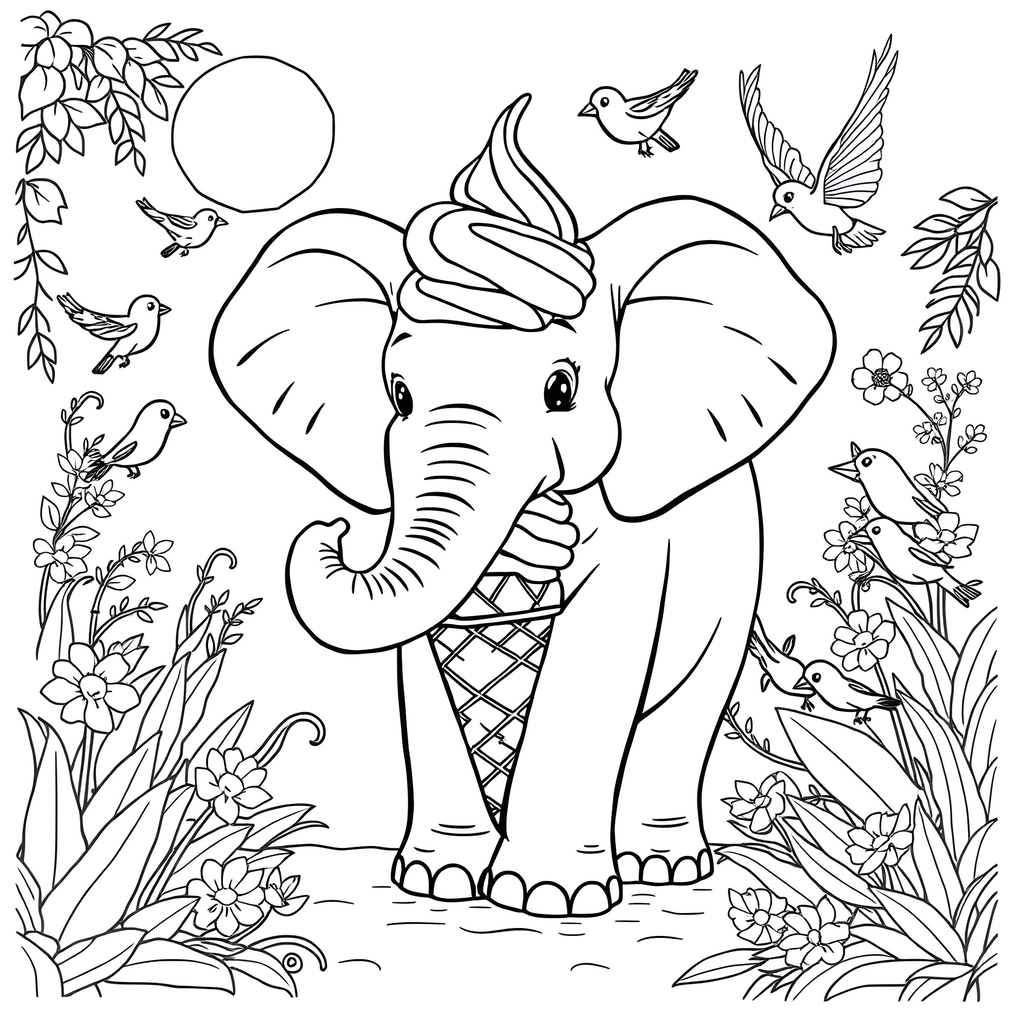 Elephant enjoying nature and surrounded by birds Coloring Page (free black-and-white line drawing printable PDF for all, from beginners to advanced learners, including children, teens, adults, and seniors)
