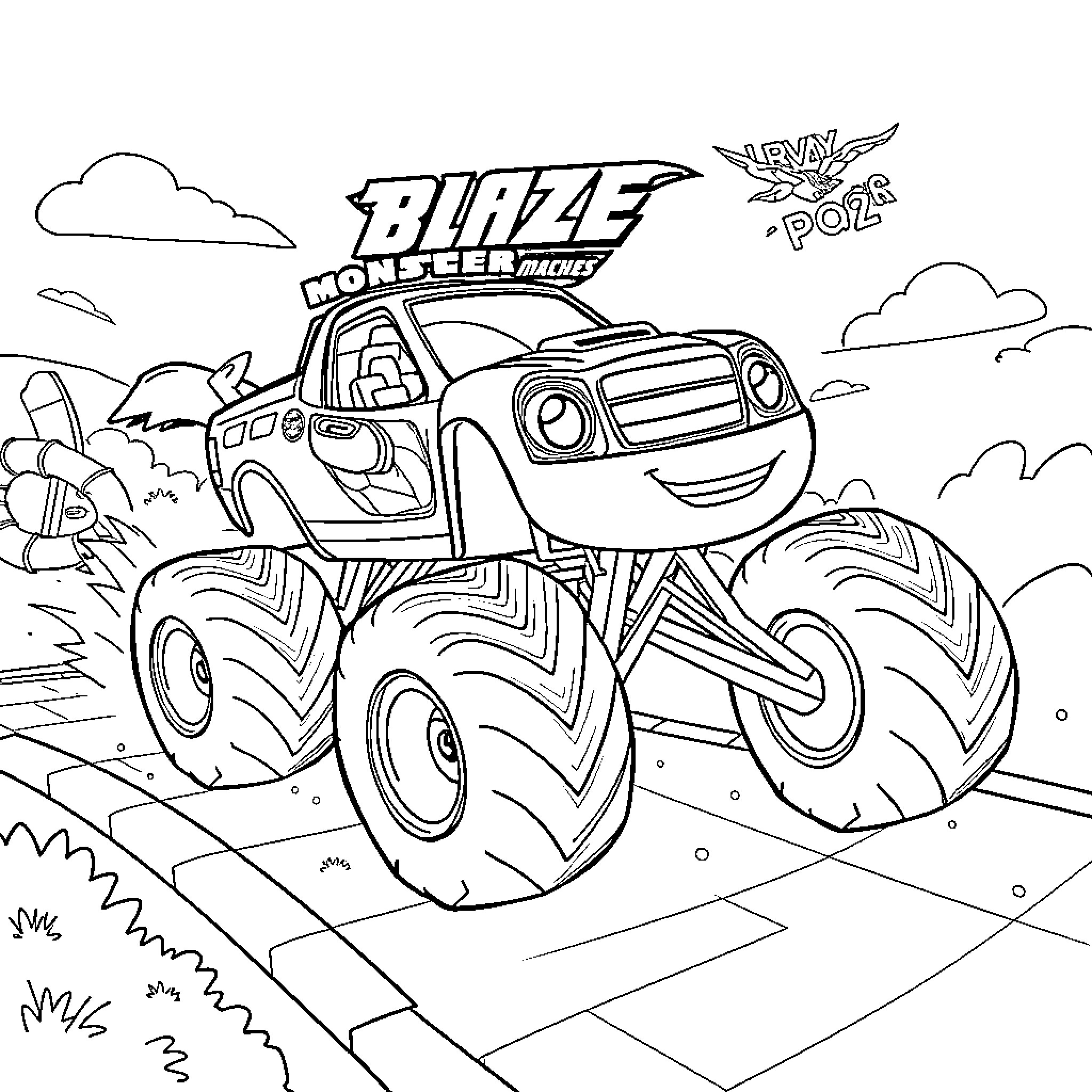 Blaze the Monster Truck in Action Coloring Page (free black-and-white line drawing printable PDF for all, from beginners to advanced learners, including children, teens, adults, and seniors)