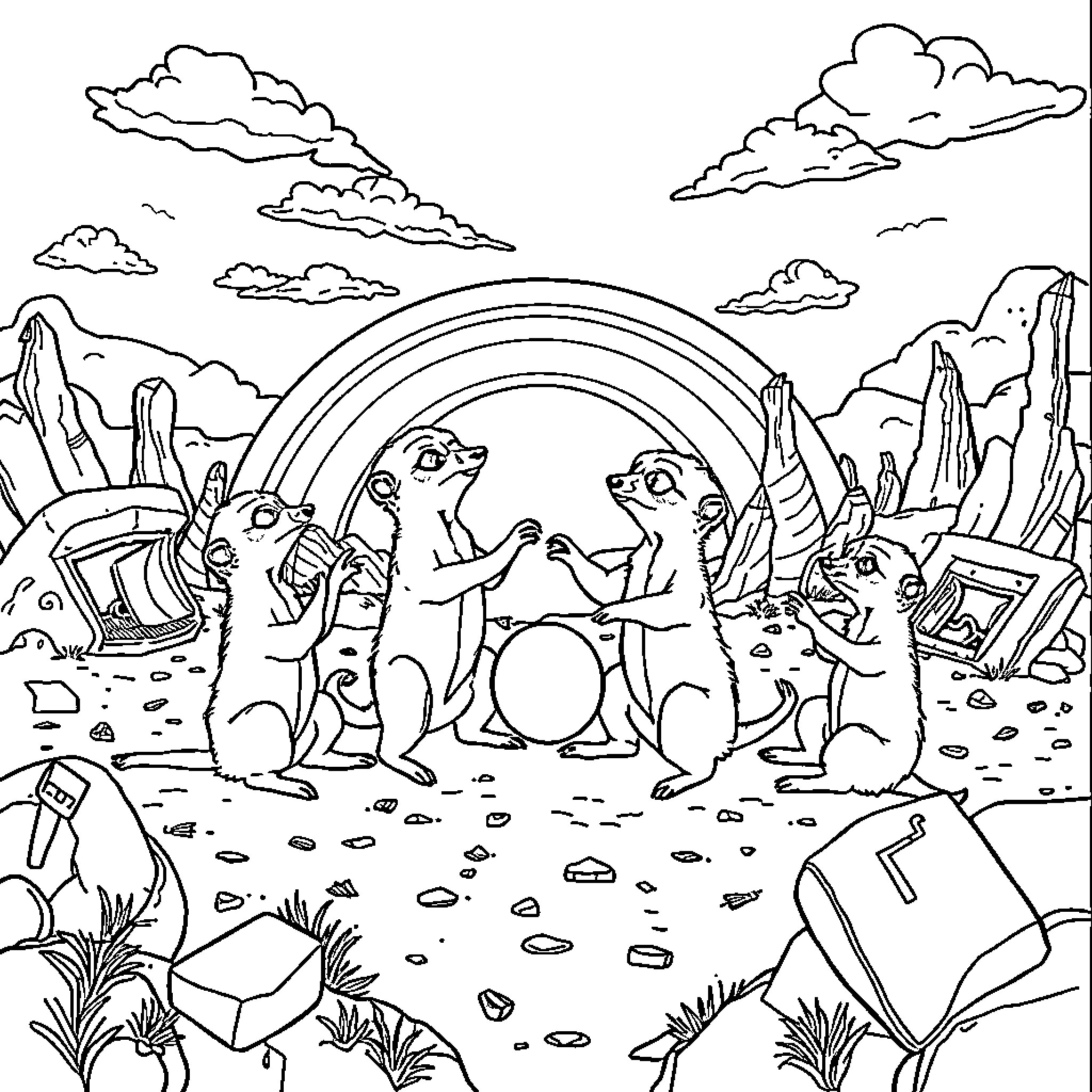 Meerkat gathering around the rainbow in the desert Coloring Page (free black-and-white line drawing printable PDF for all, from beginners to advanced learners, including children, teens, adults, and seniors)