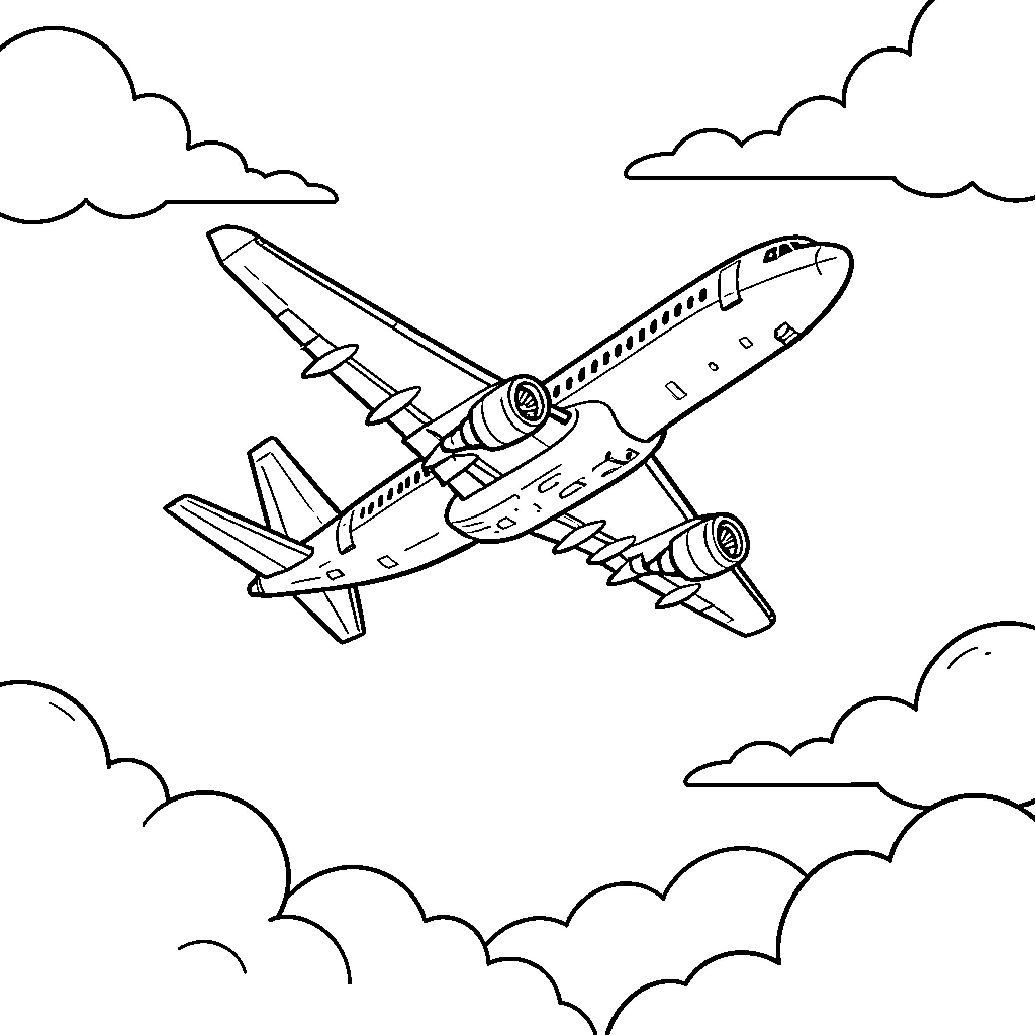 Plane taking off among clouds in the sky Coloring Page (free black-and-white line drawing printable PDF for all, from beginners to advanced learners, including children, teens, adults, and seniors)