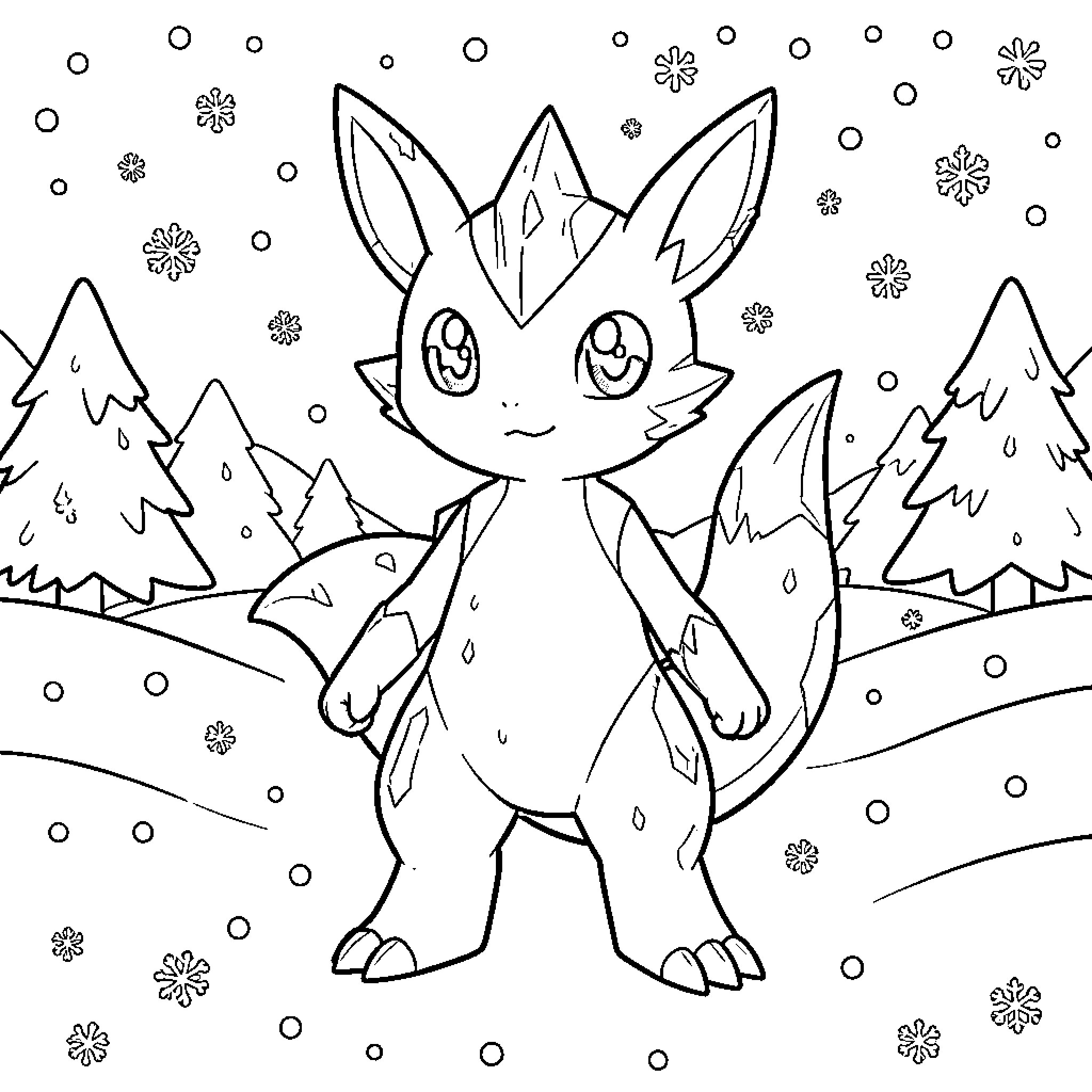 Givrali standing amidst a snowy forest landscape Coloring Page (free black-and-white line drawing printable PDF for all, from beginners to advanced learners, including children, teens, adults, and seniors)