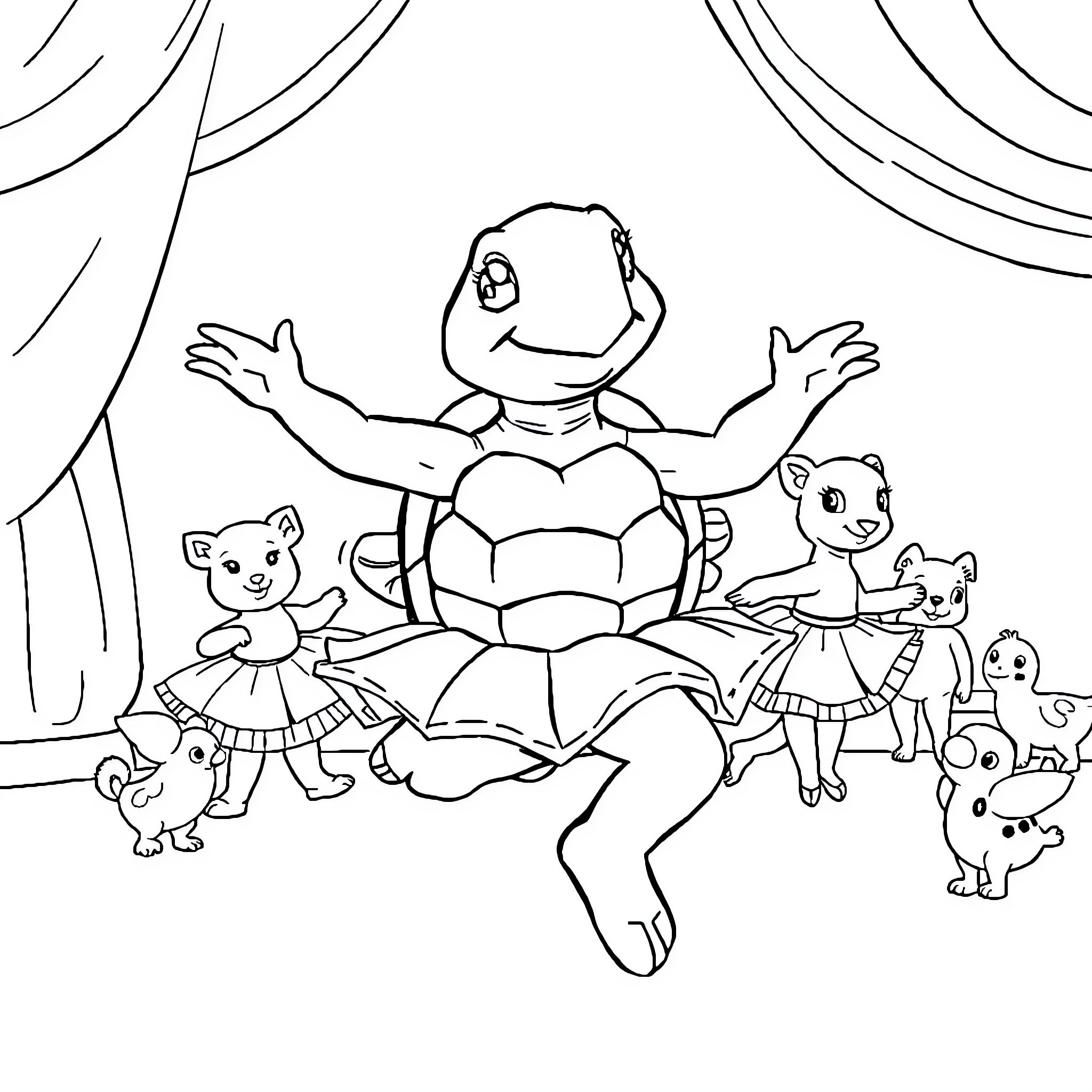 Turtle entertaining a group of animal friends Coloring Page (free black-and-white line drawing printable PDF for all, from beginners to advanced learners, including children, teens, adults, and seniors)
