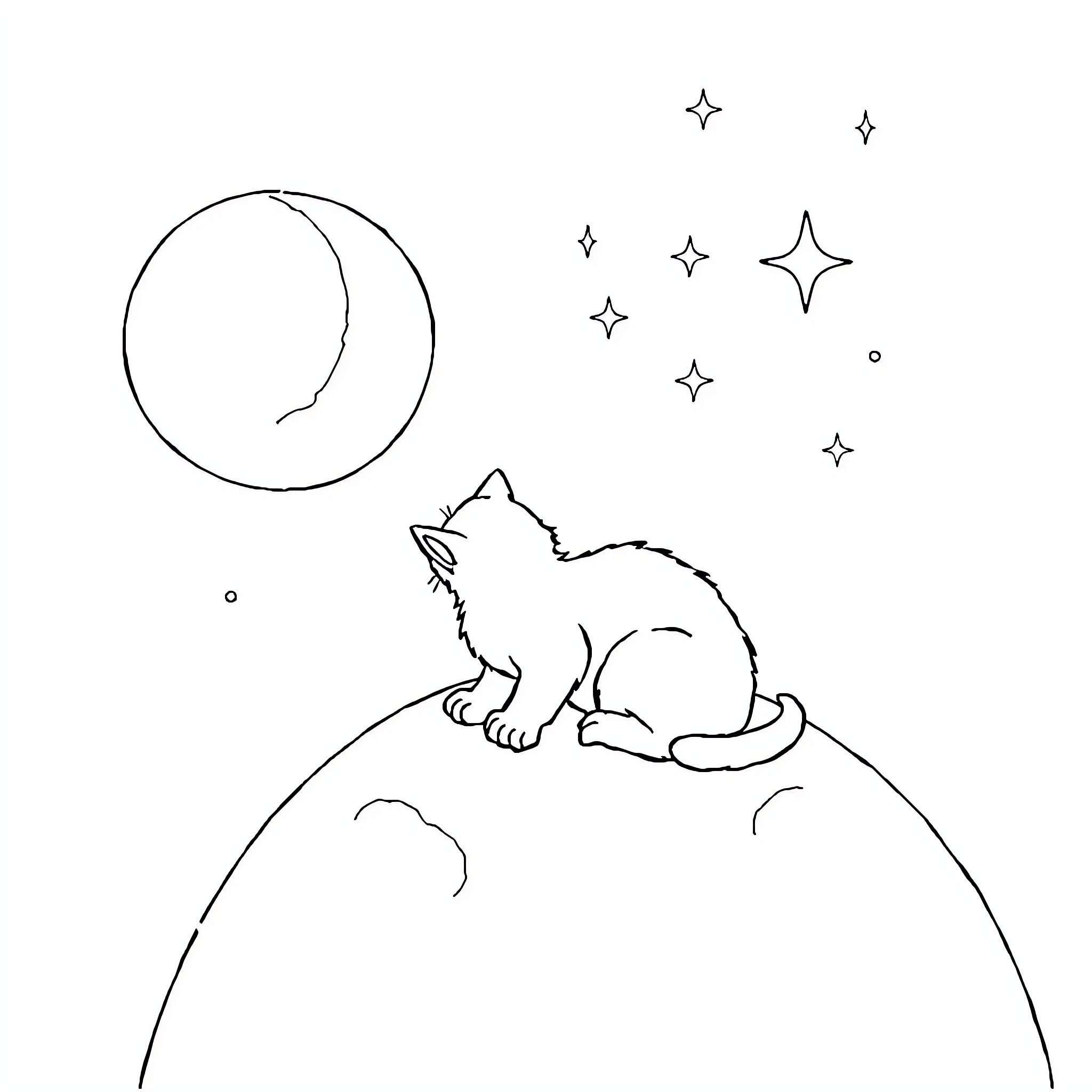 Cat gazing at starry night sky Coloring Page (free black-and-white line drawing printable PDF for all, from beginners to advanced learners, including children, teens, adults, and seniors)