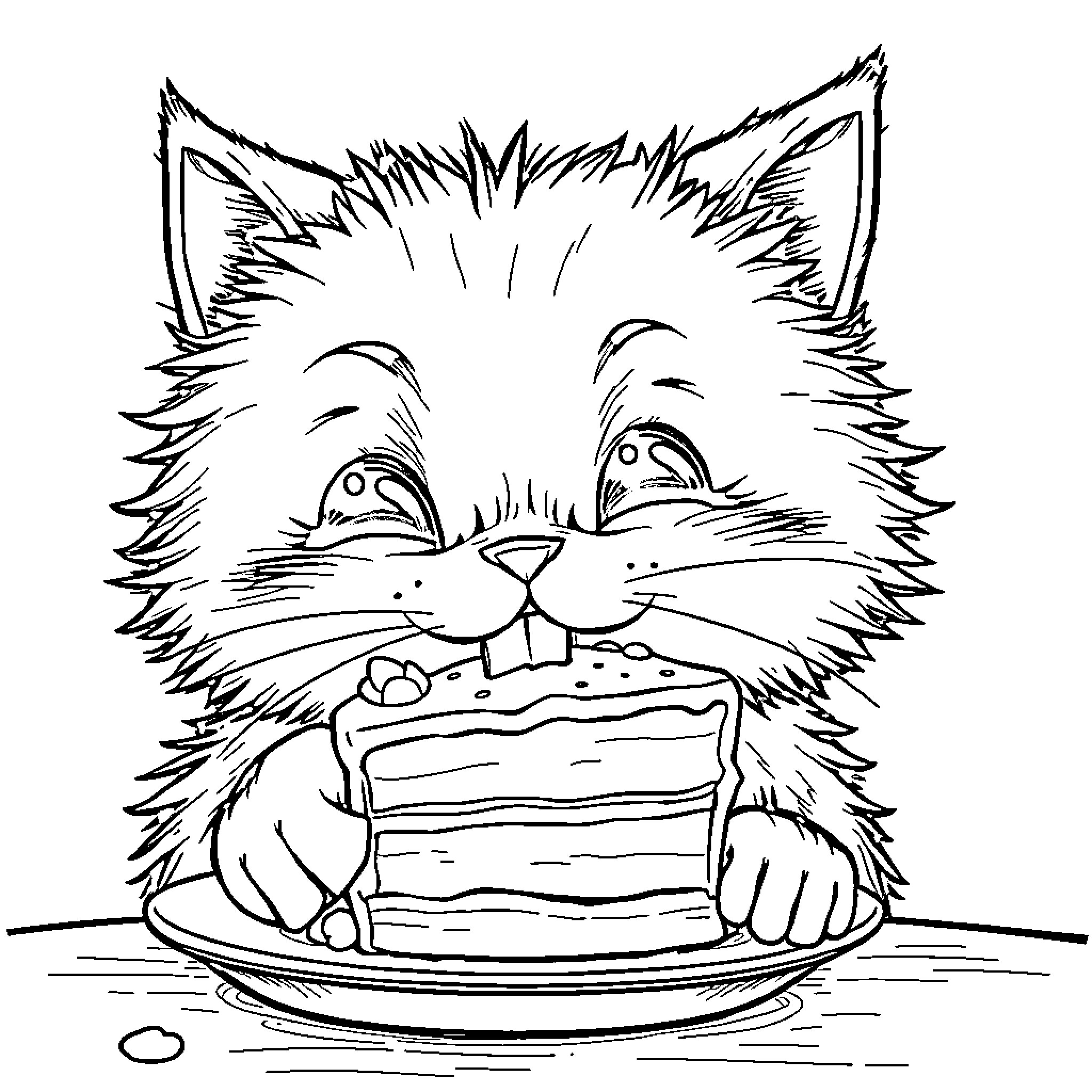 Cat enjoying a delicious cake Coloring Page (free black-and-white line drawing printable PDF for all, from beginners to advanced learners, including children, teens, adults, and seniors)