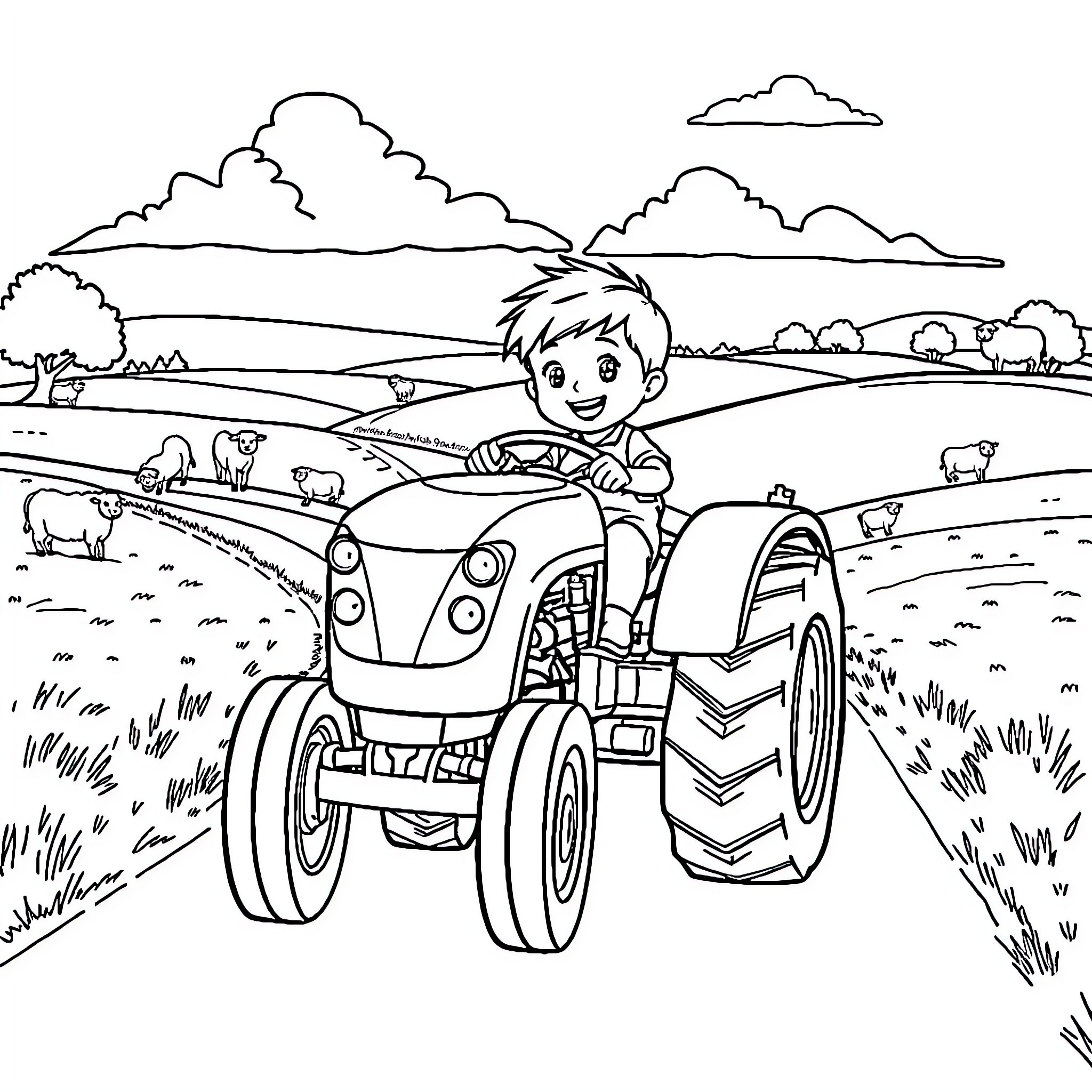 Boy driving tractor on countryside landscape Coloring Page (free black-and-white line drawing printable PDF for all, from beginners to advanced learners, including children, teens, adults, and seniors)