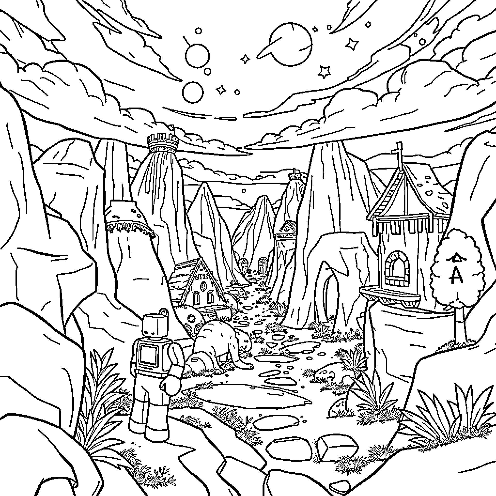 Roblox fantasy adventure with diverse structures and characters Coloring Page (free black-and-white line drawing printable PDF for all, from beginners to advanced learners, including children, teens, adults, and seniors)