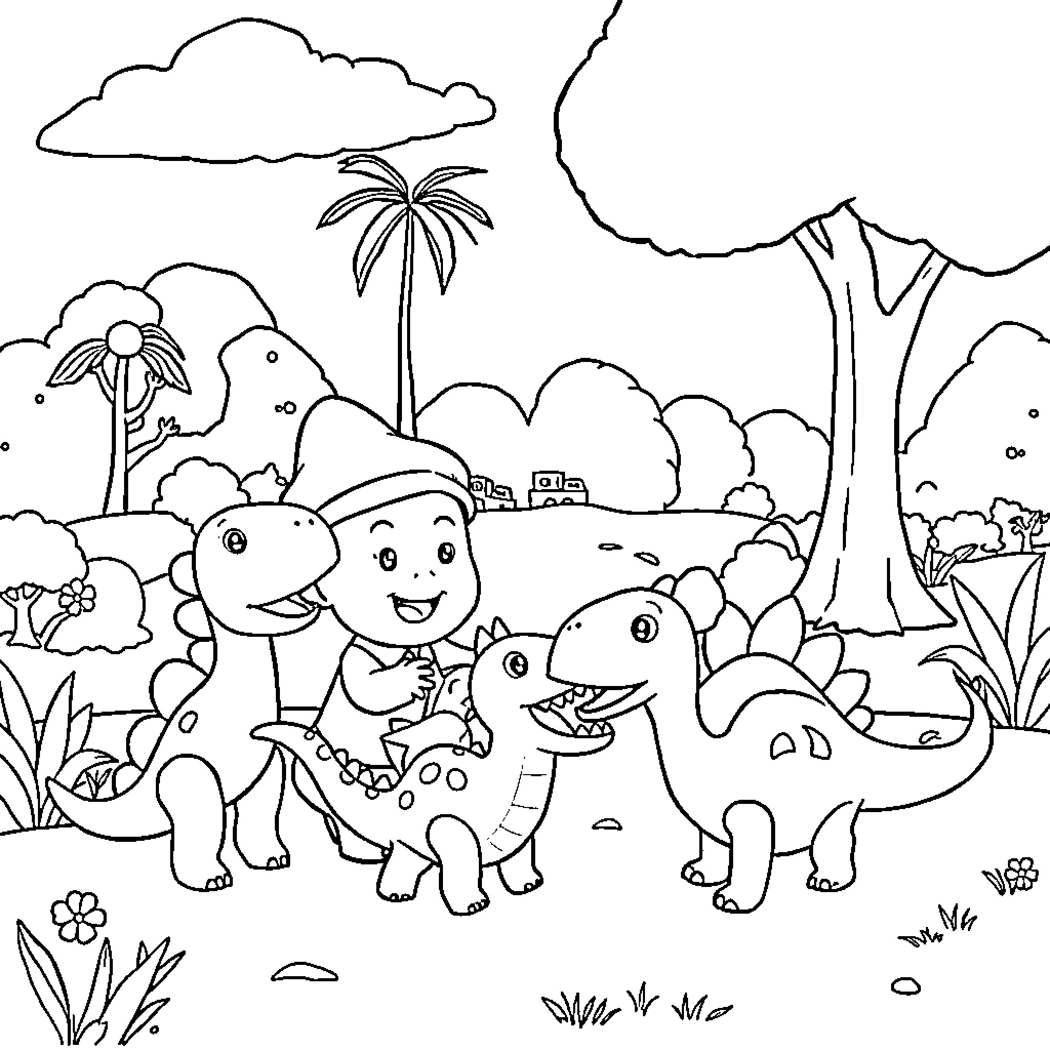 Pocoyo's Fun Dinosaur Adventure in Nature Coloring Page (free black-and-white line drawing printable PDF for all, from beginners to advanced learners, including children, teens, adults, and seniors)