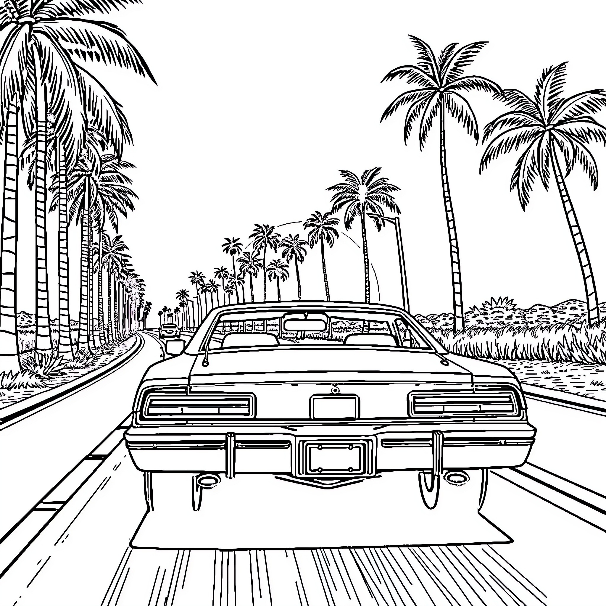 Car driving on tropical highway with palm trees Coloring Page (free black-and-white line drawing printable PDF for all, from beginners to advanced learners, including children, teens, adults, and seniors)