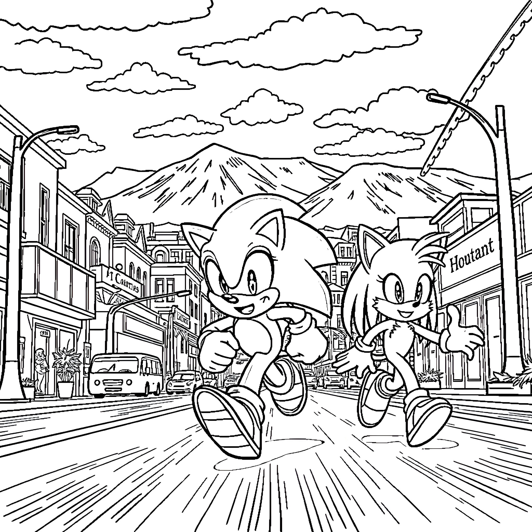 Sonic and Companion Race Through City Streets Coloring Page (free black-and-white line drawing printable PDF for all, from beginners to advanced learners, including children, teens, adults, and seniors)