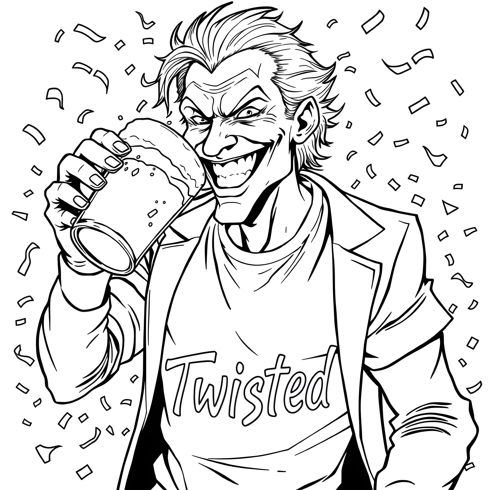 Joker's Twisted Laughter and Mischief Coloring Page (free black-and-white line drawing printable PDF for all, from beginners to advanced learners, including children, teens, adults, and seniors)