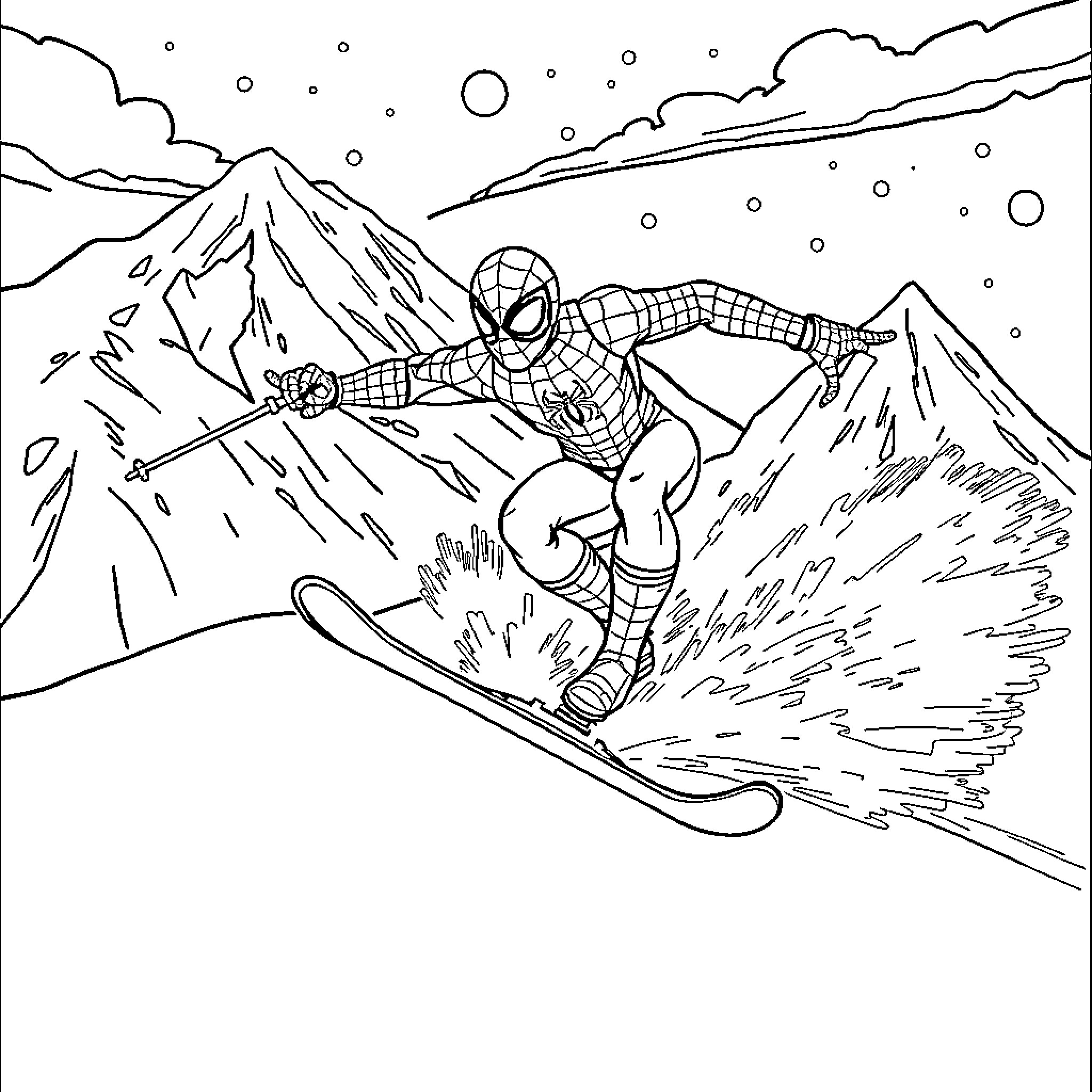 Spiderman snowboarding down a snowy mountain slope Coloring Page (free black-and-white line drawing printable PDF for all, from beginners to advanced learners, including children, teens, adults, and seniors)