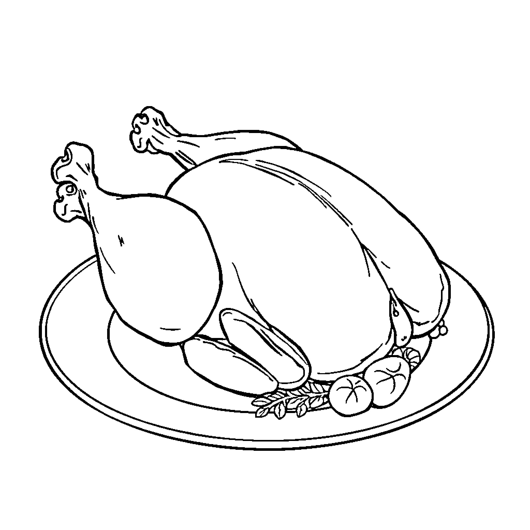 Chicken roasted on platter with vegetables Coloring Page (free black-and-white line drawing printable PDF for all, from beginners to advanced learners, including children, teens, adults, and seniors)