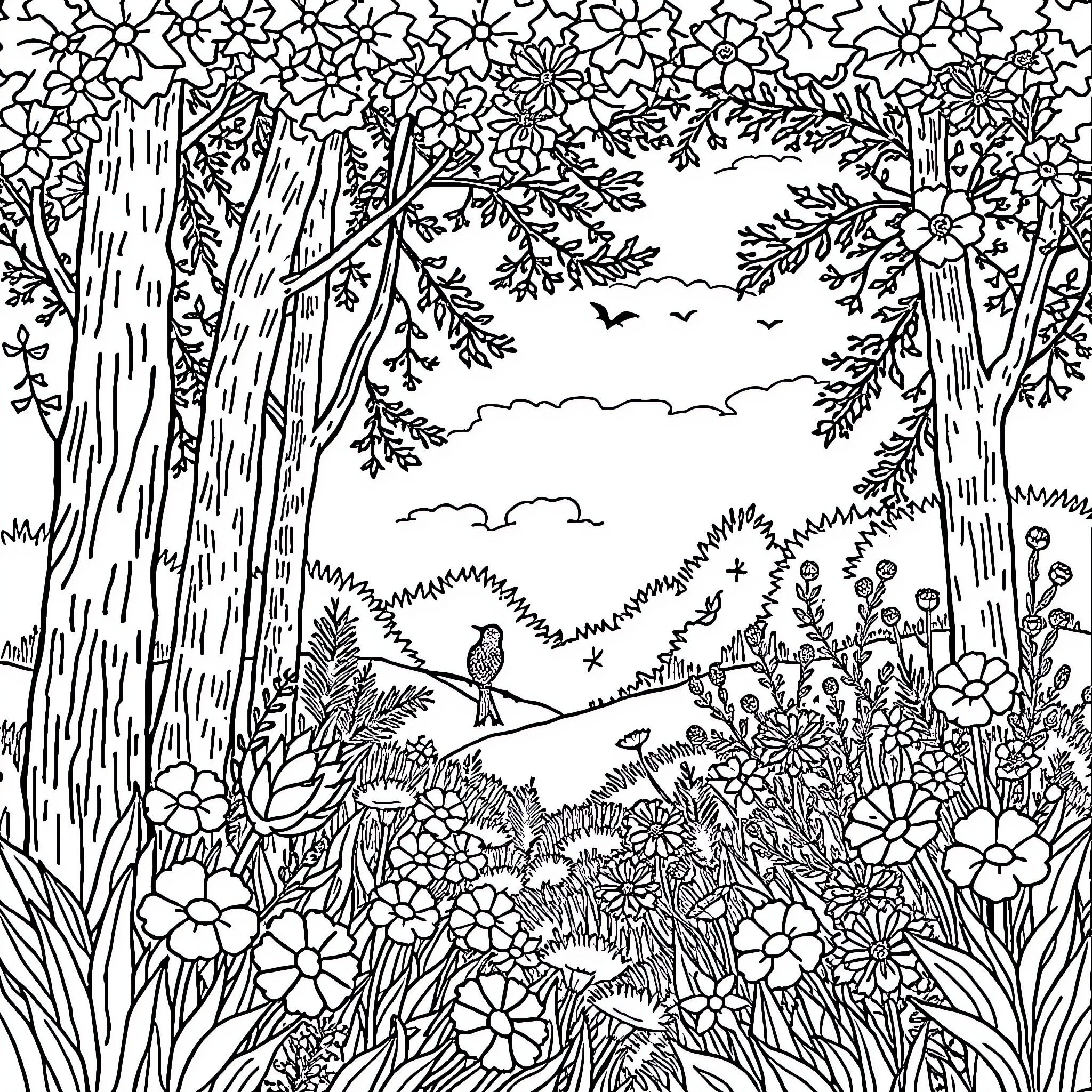 Nature's Enchanting Floral Wonderland Coloring Page (free black-and-white line drawing printable PDF for all, from beginners to advanced learners, including children, teens, adults, and seniors)