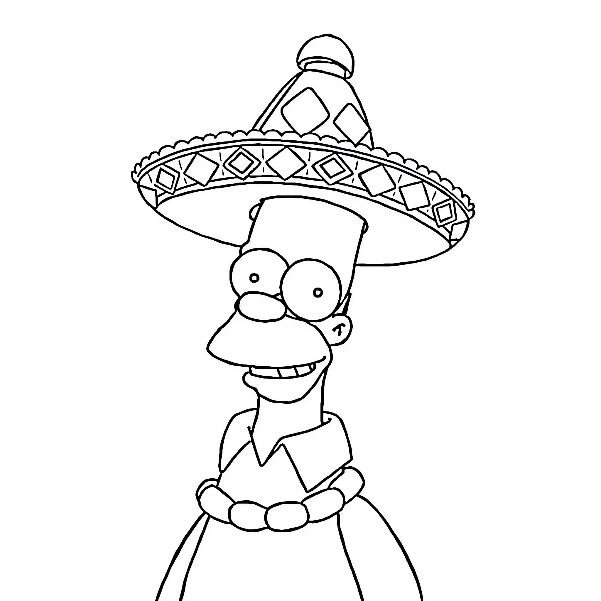 Homer Simpson wearing a sombrero hat Coloring Page (free black-and-white line drawing printable PDF for all, from beginners to advanced learners, including children, teens, adults, and seniors)