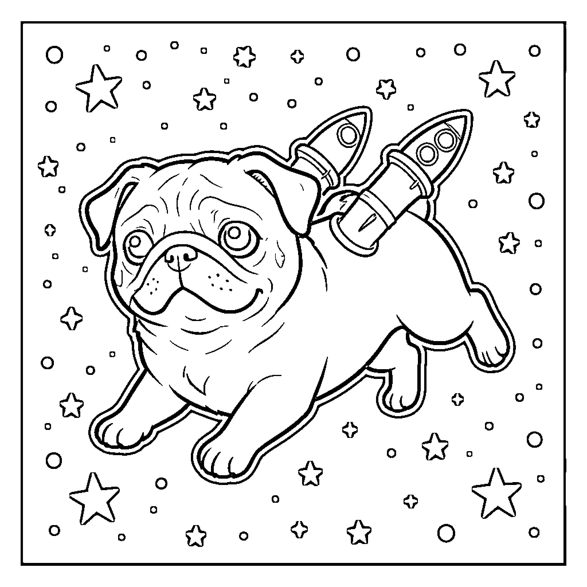 Pug soaring through the stars Coloring Page (free black-and-white line drawing printable PDF for all, from beginners to advanced learners, including children, teens, adults, and seniors)