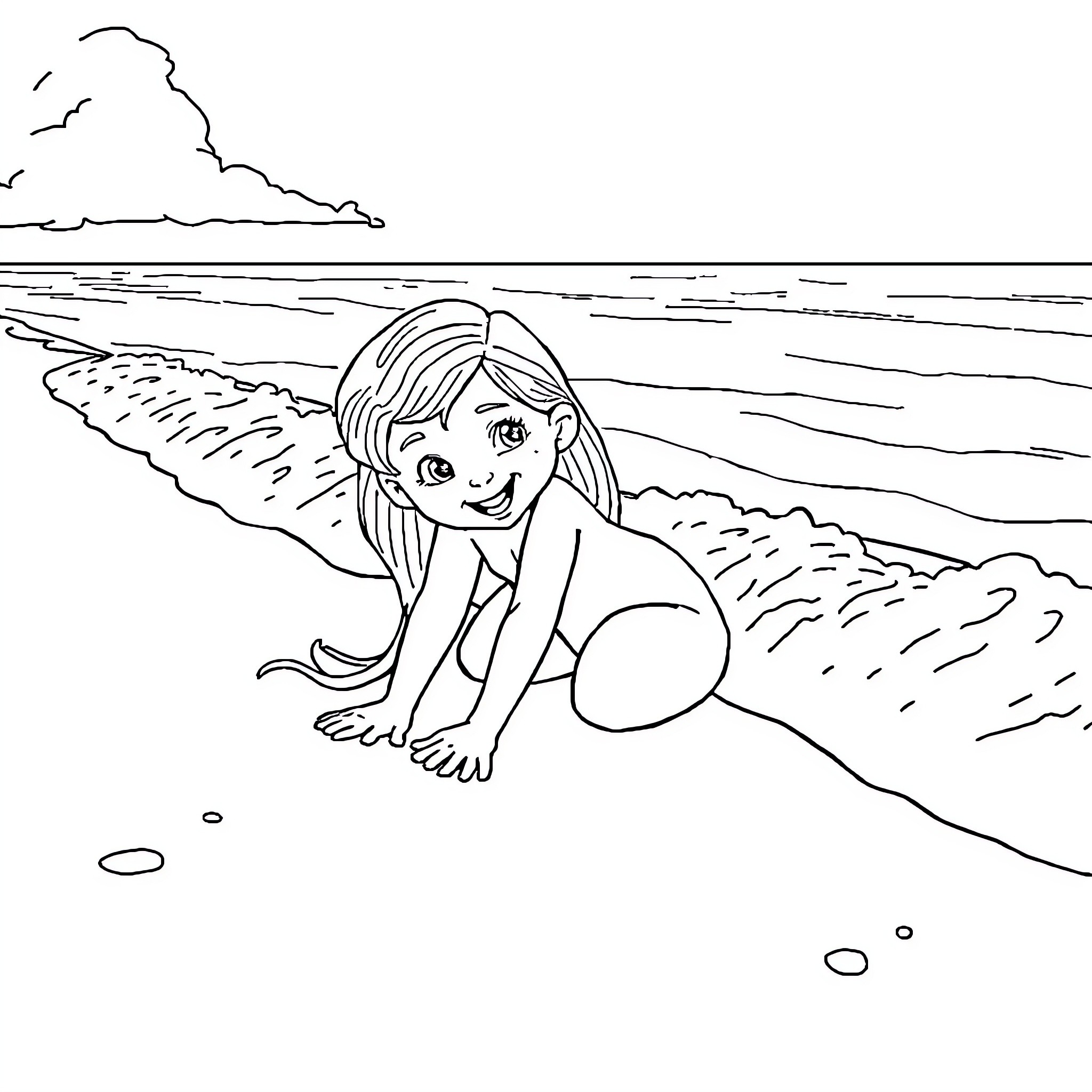Vaïna enjoying a day at the beach Coloring Page (free black-and-white line drawing printable PDF for all, from beginners to advanced learners, including children, teens, adults, and seniors)