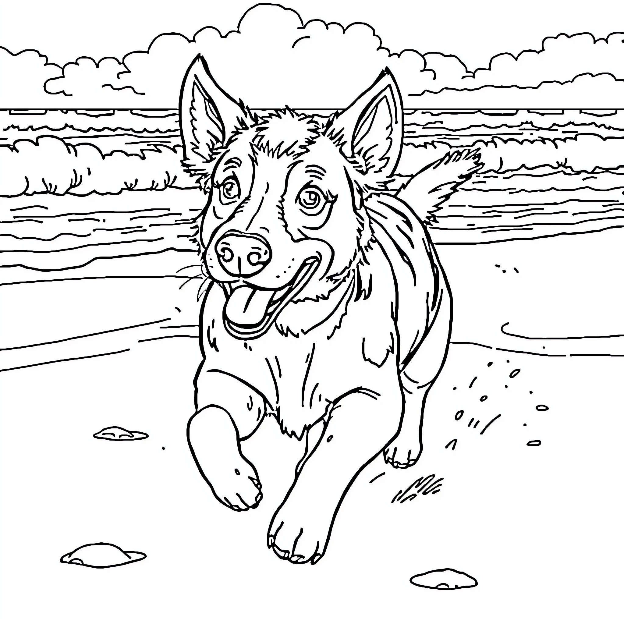 Cattle Dog Happily Running on the Beach Coloring Page (free black-and-white line drawing printable PDF for all, from beginners to advanced learners, including children, teens, adults, and seniors)