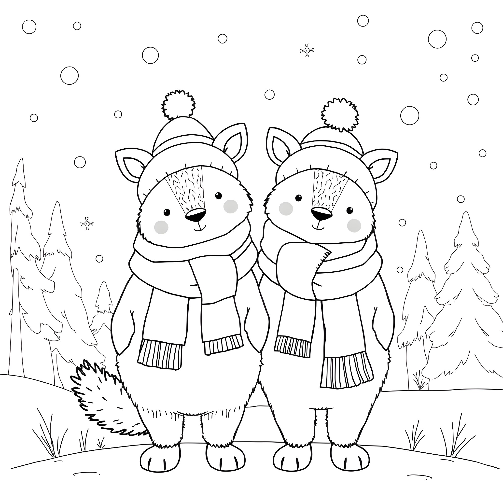 Animal friends enjoying the winter weather Coloring Page (free black-and-white line drawing printable PDF for all, from beginners to advanced learners, including children, teens, adults, and seniors)