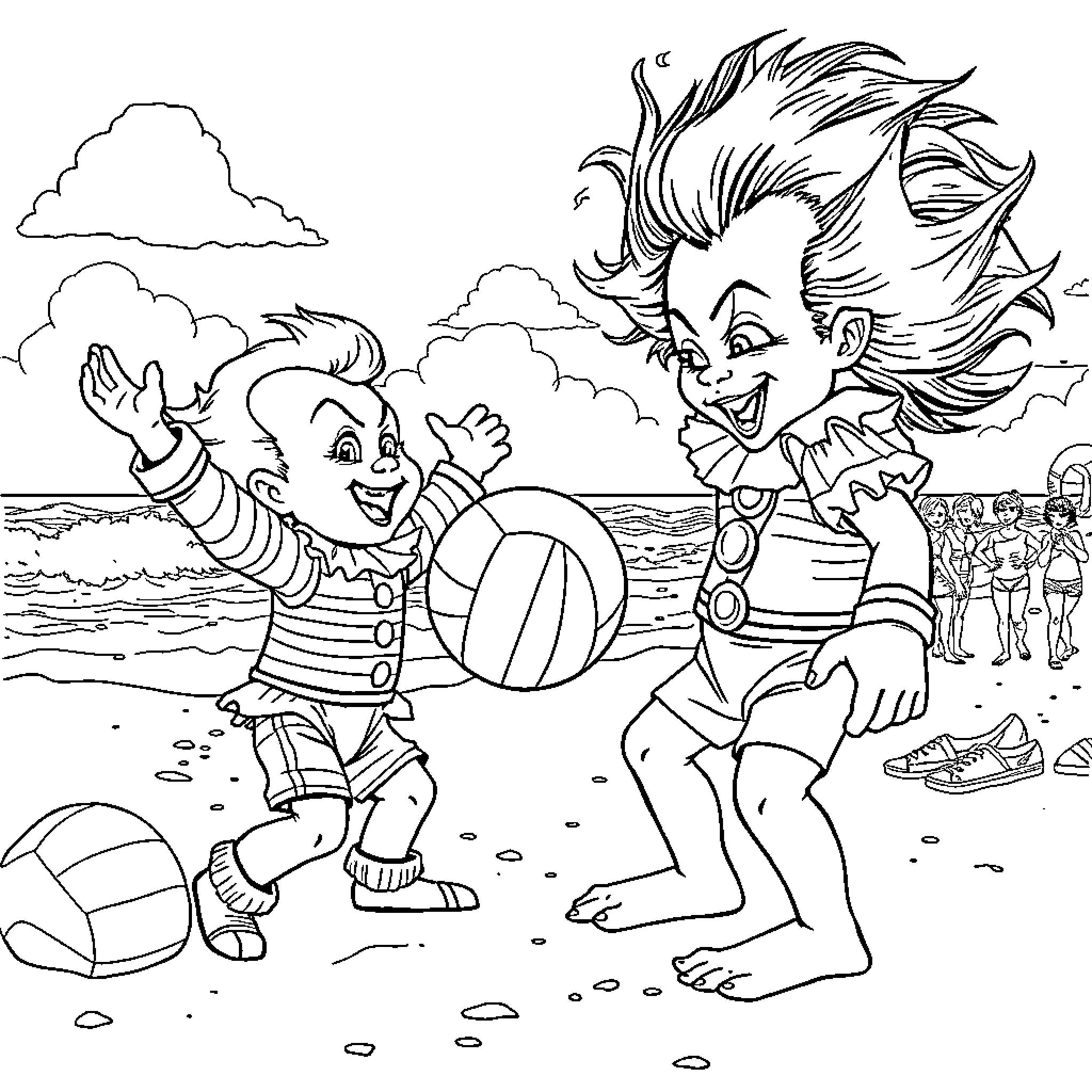 Chucky's Beach Day Adventure Coloring Page (free black-and-white line drawing printable PDF for all, from beginners to advanced learners, including children, teens, adults, and seniors)
