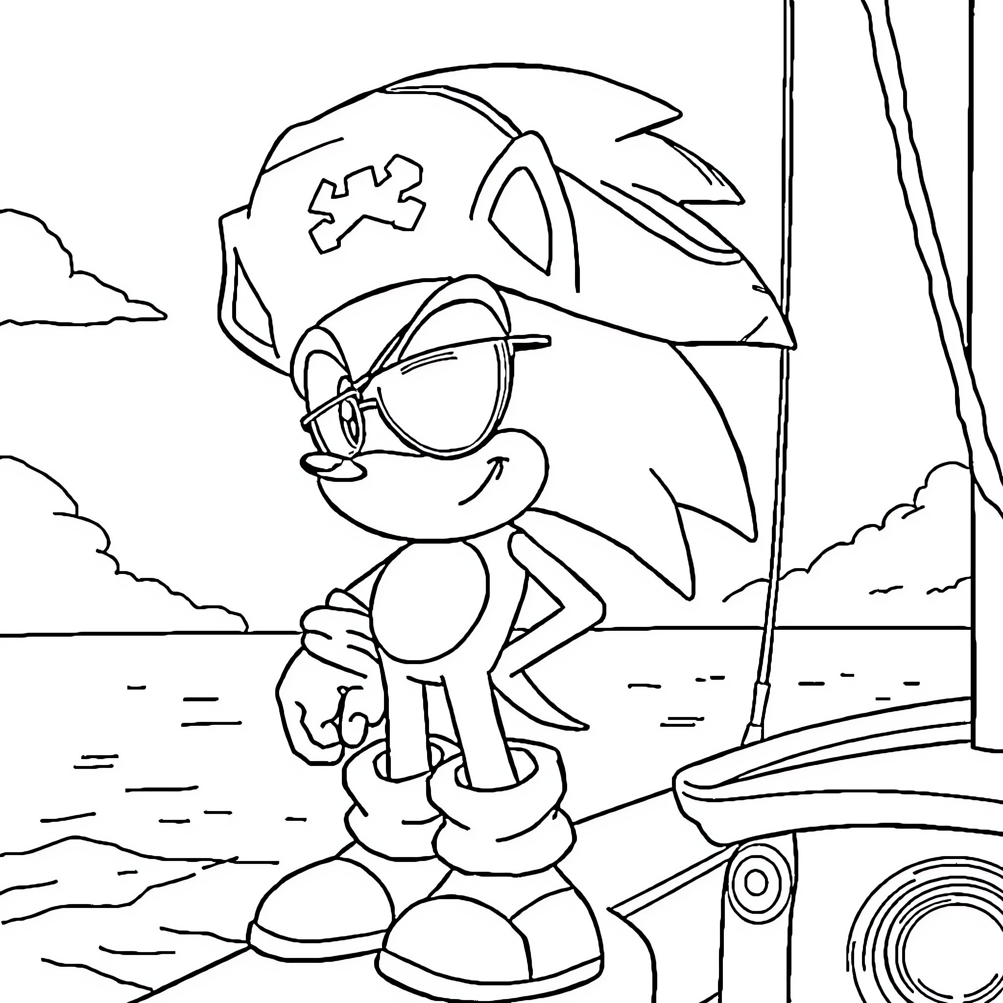 Sonic on a seaside adventure Coloring Page (free black-and-white line drawing printable PDF for all, from beginners to advanced learners, including children, teens, adults, and seniors)