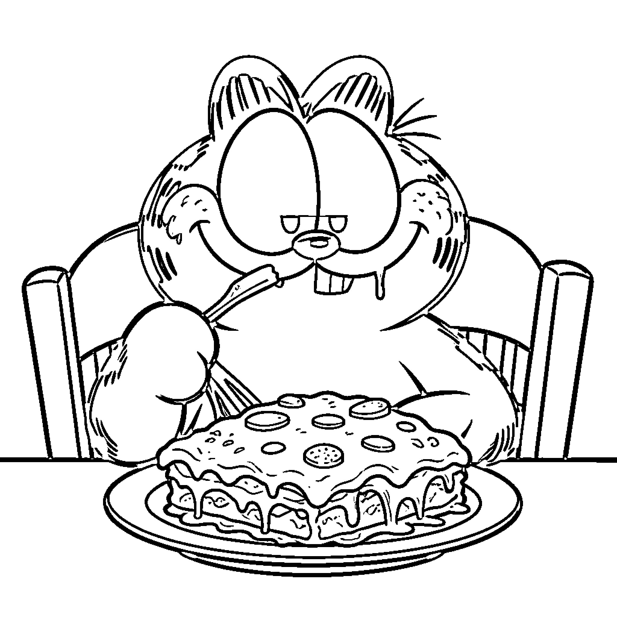 Garfield eating a large pizza with a happy expression Coloring Page (free black-and-white line drawing printable PDF for all, from beginners to advanced learners, including children, teens, adults, and seniors)