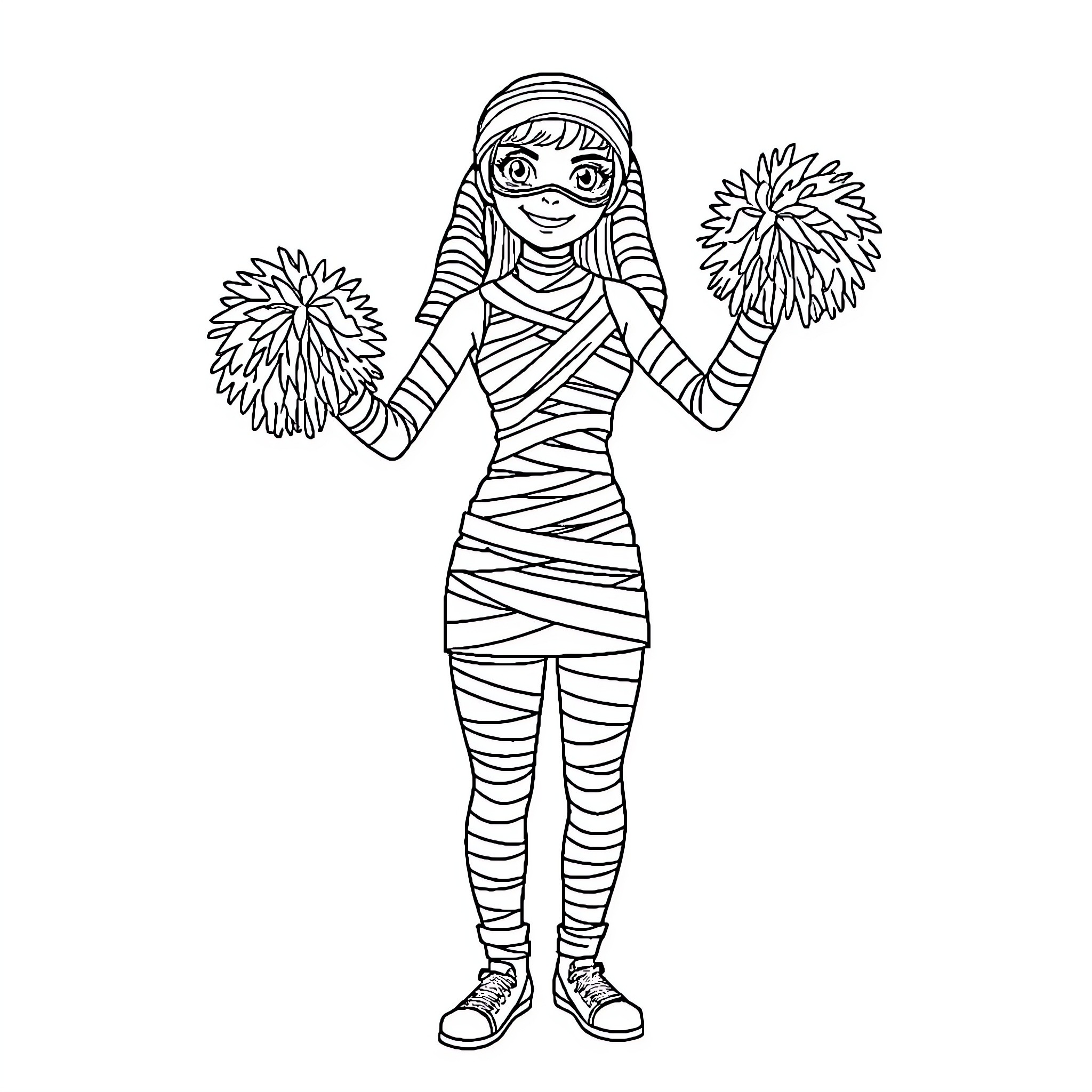 Cheerleader performing with enthusiasm Coloring Page (free black-and-white line drawing printable PDF for all, from beginners to advanced learners, including children, teens, adults, and seniors)