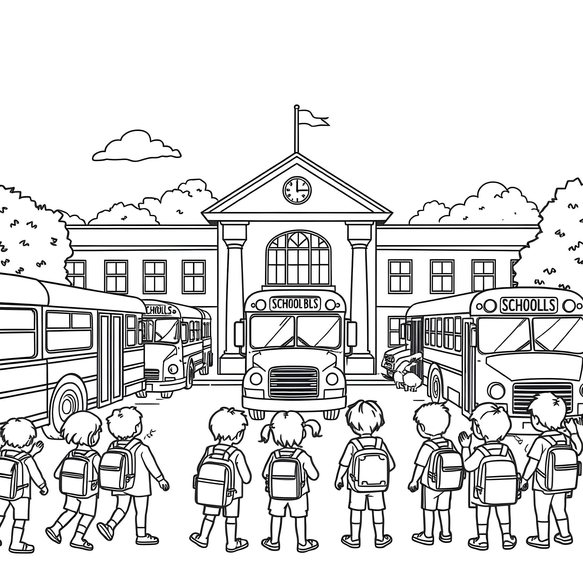 Bus Transporting Students to School Coloring Page (free black-and-white line drawing printable PDF for all, from beginners to advanced learners, including children, teens, adults, and seniors)