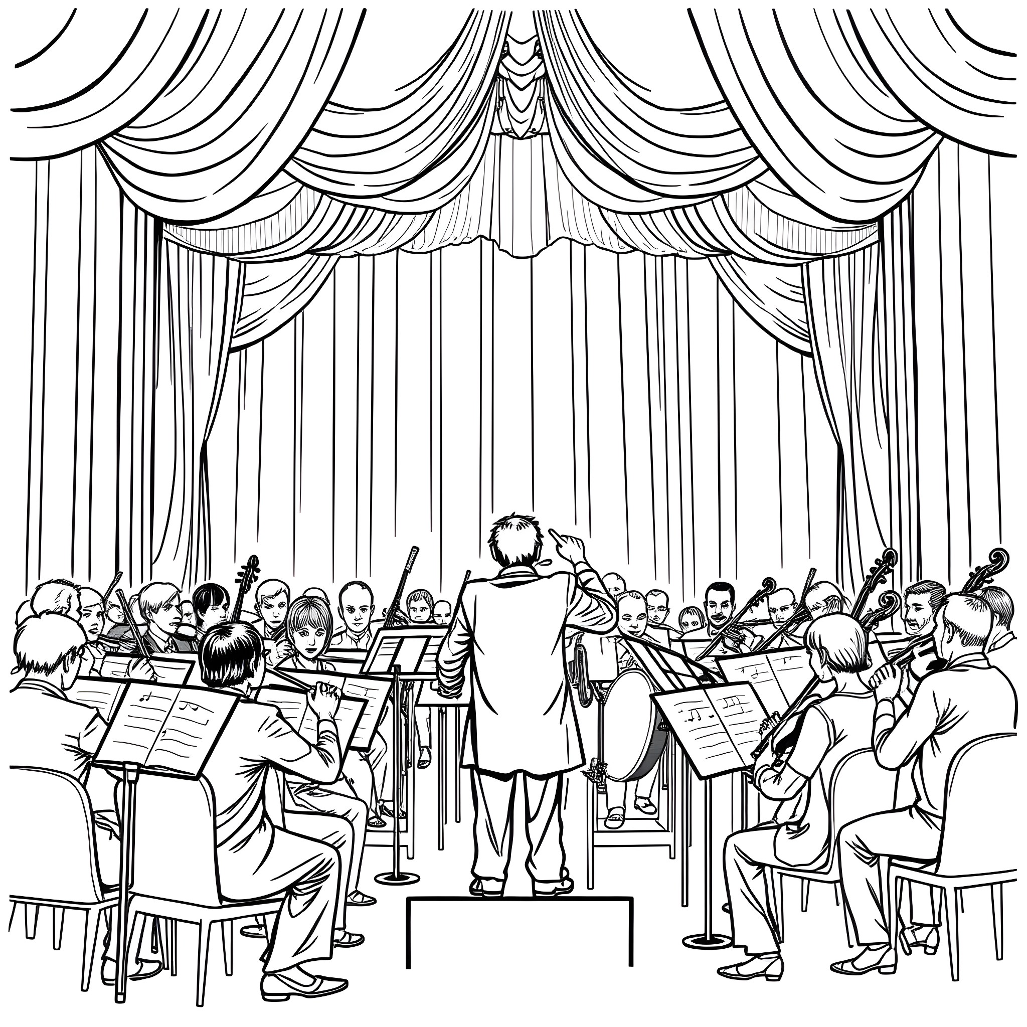 Orchestra performing on stage with ornate curtain backdrop Coloring Page (free black-and-white line drawing printable PDF for all, from beginners to advanced learners, including children, teens, adults, and seniors)