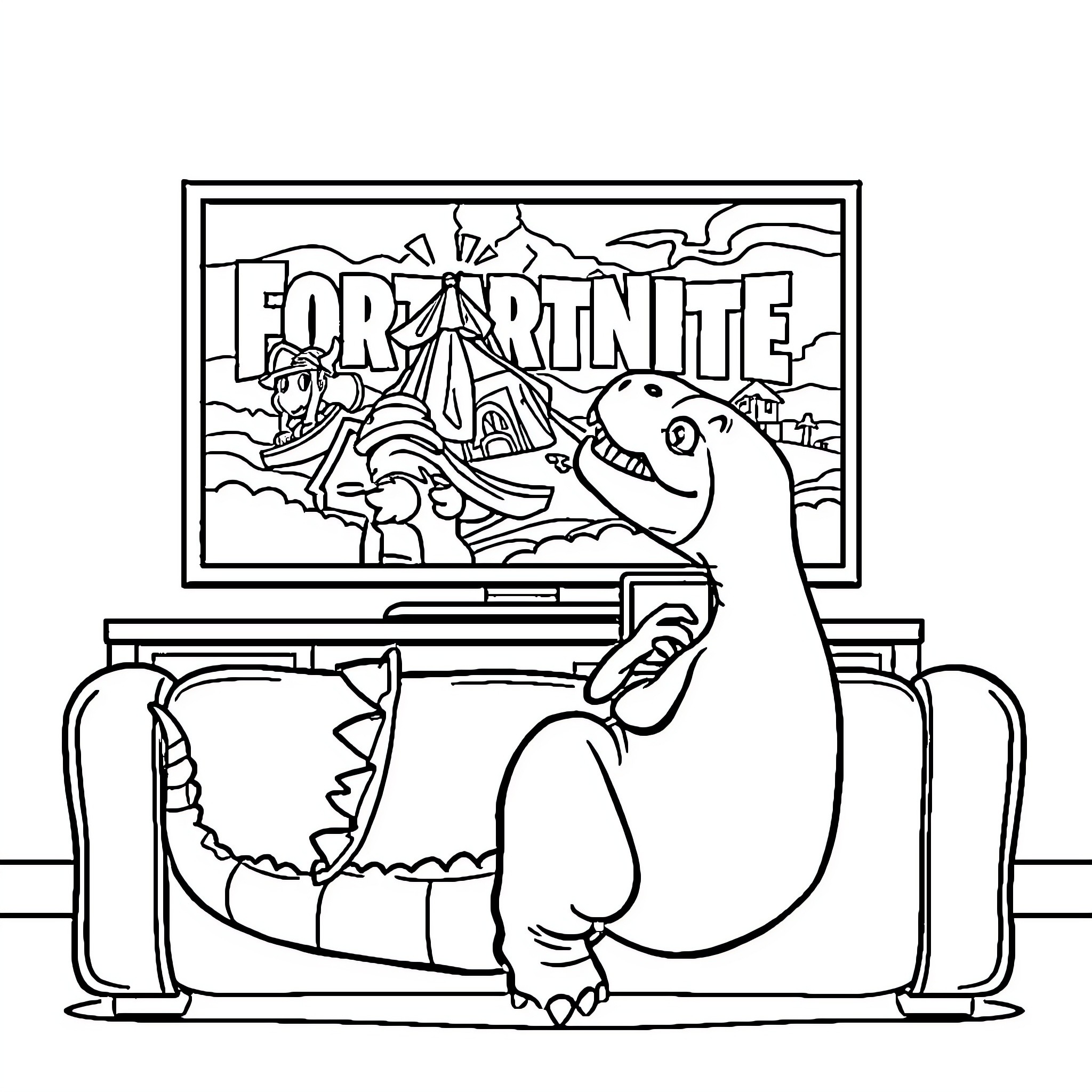 Dinosaur playing video game on couch Coloring Page (free black-and-white line drawing printable PDF for all, from beginners to advanced learners, including children, teens, adults, and seniors)