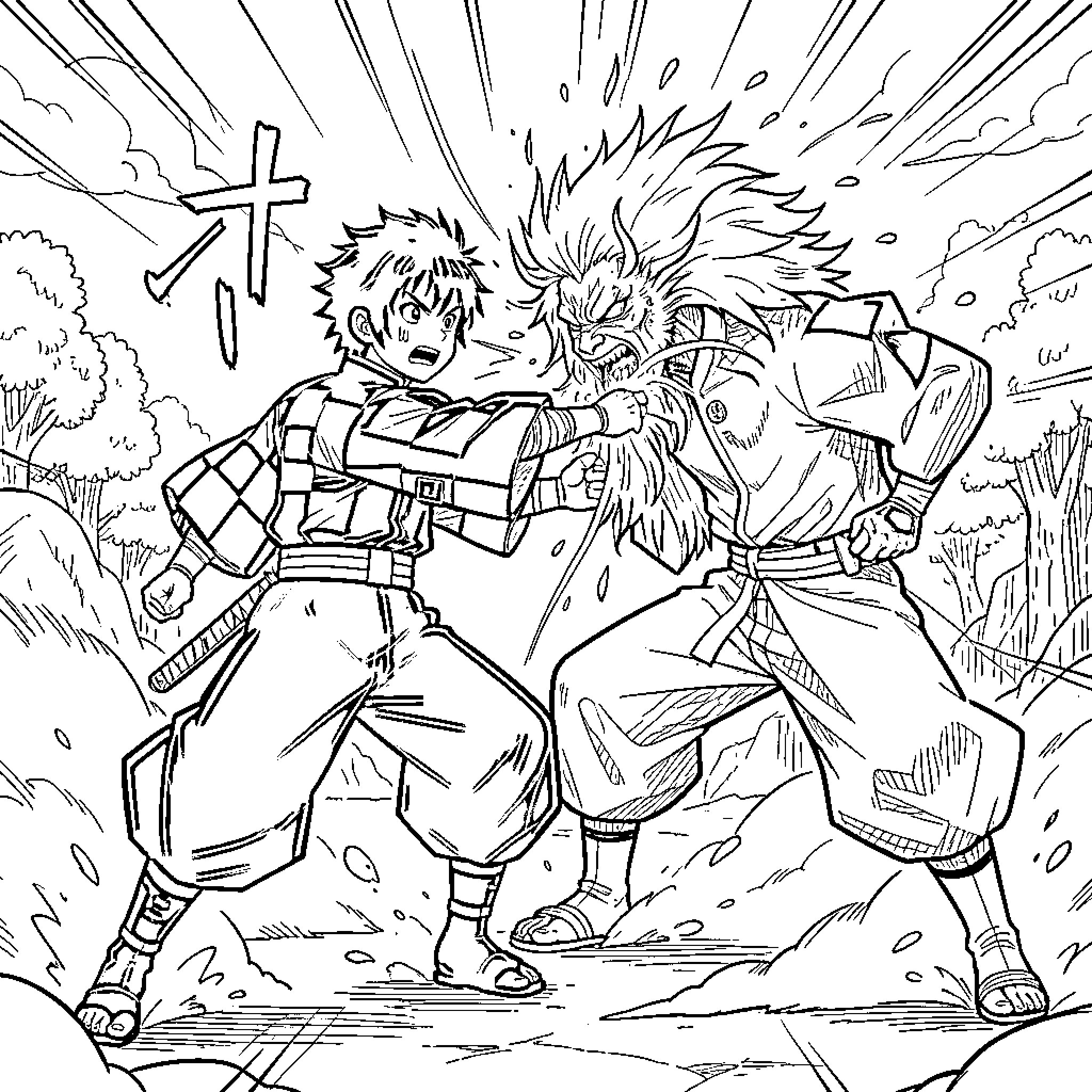 Tanjiro engaging in a fierce battle against a demon Coloring Page (free black-and-white line drawing printable PDF for all, from beginners to advanced learners, including children, teens, adults, and seniors)