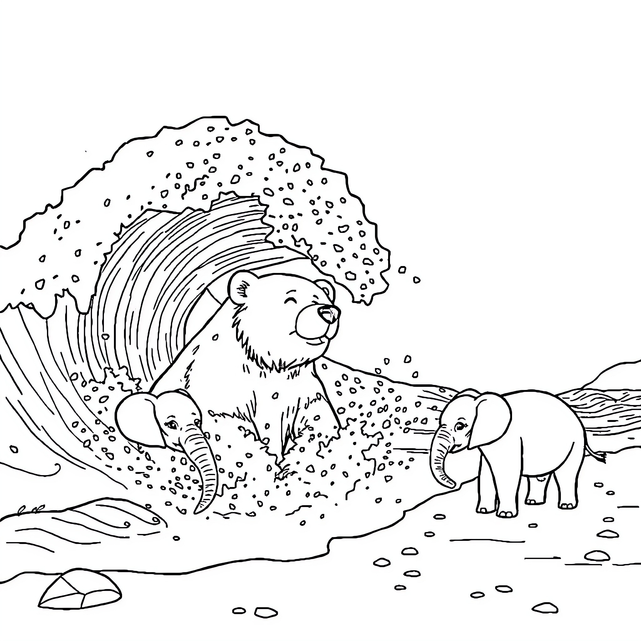 Bear playing with elephant cubs in the rain Coloring Page (free black-and-white line drawing printable PDF for all, from beginners to advanced learners, including children, teens, adults, and seniors)