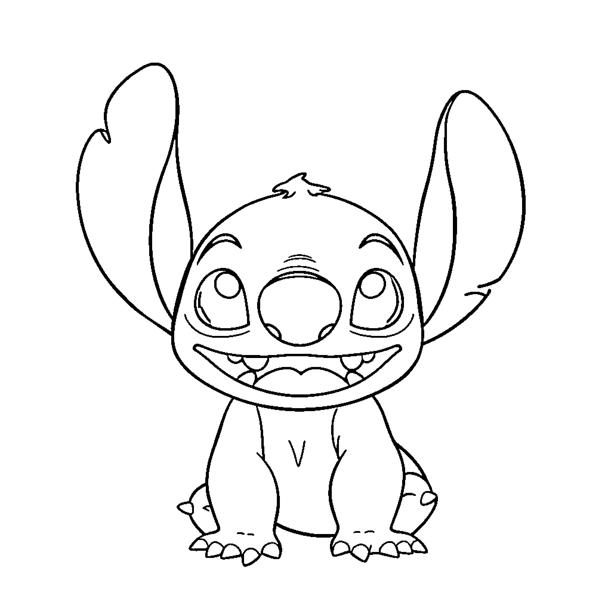 Stitch's Mischievous Grin Coloring Page (free black-and-white line drawing printable PDF for all, from beginners to advanced learners, including children, teens, adults, and seniors)