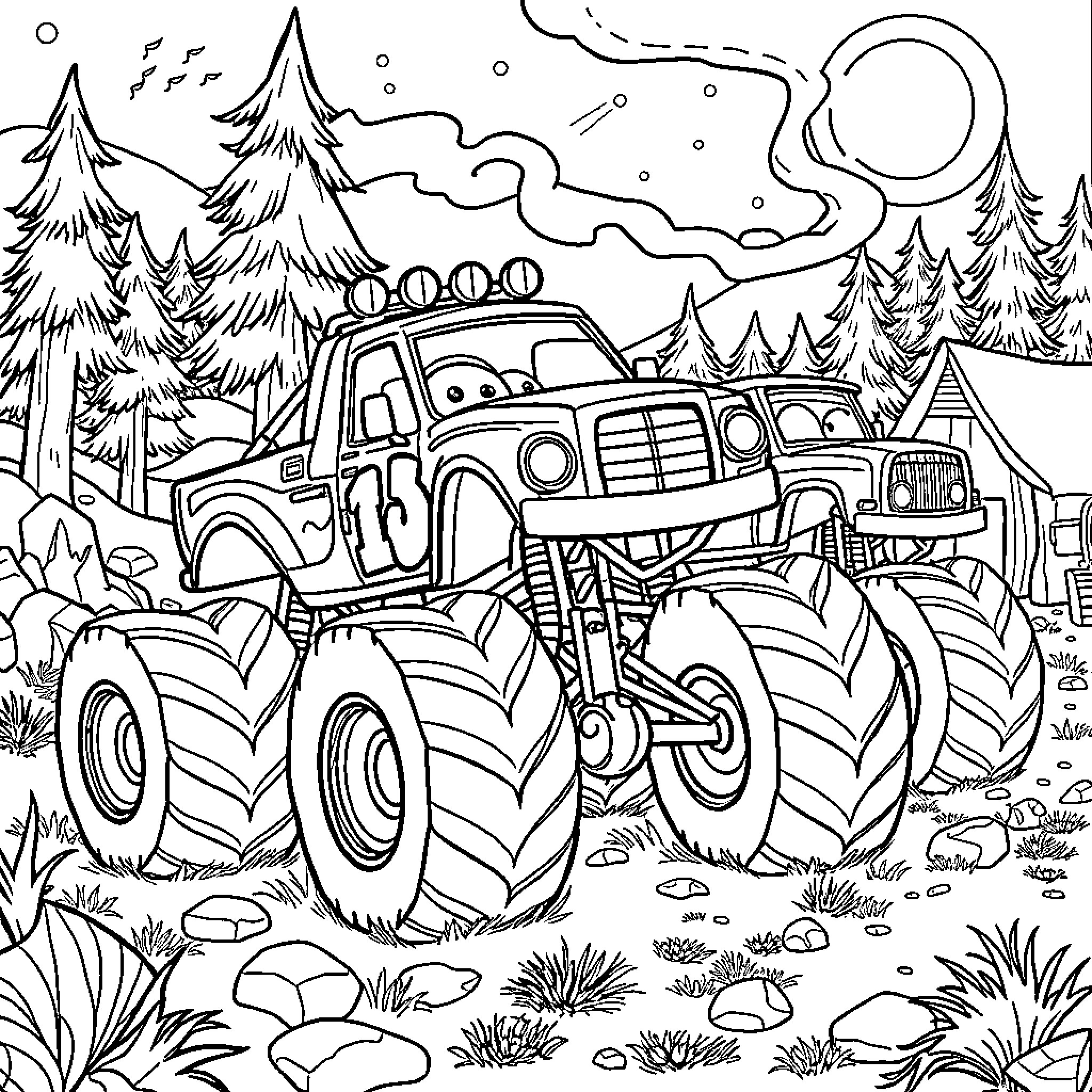 Monster Truck Stomping Through the Forest at Night Coloring Page (free black-and-white line drawing printable PDF for all, from beginners to advanced learners, including children, teens, adults, and seniors)