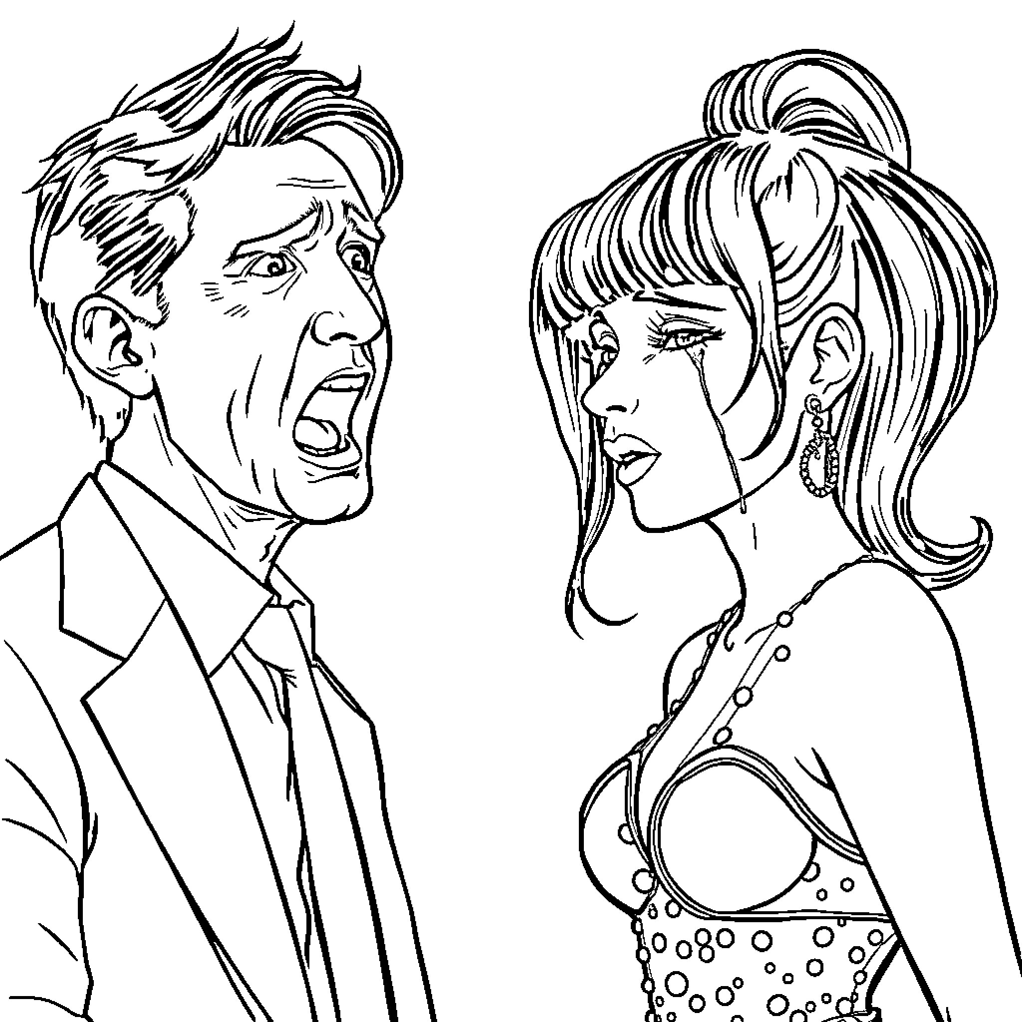 Justin Trudeau and Woman in Confrontation Coloring Page (free black-and-white line drawing printable PDF for all, from beginners to advanced learners, including children, teens, adults, and seniors)
