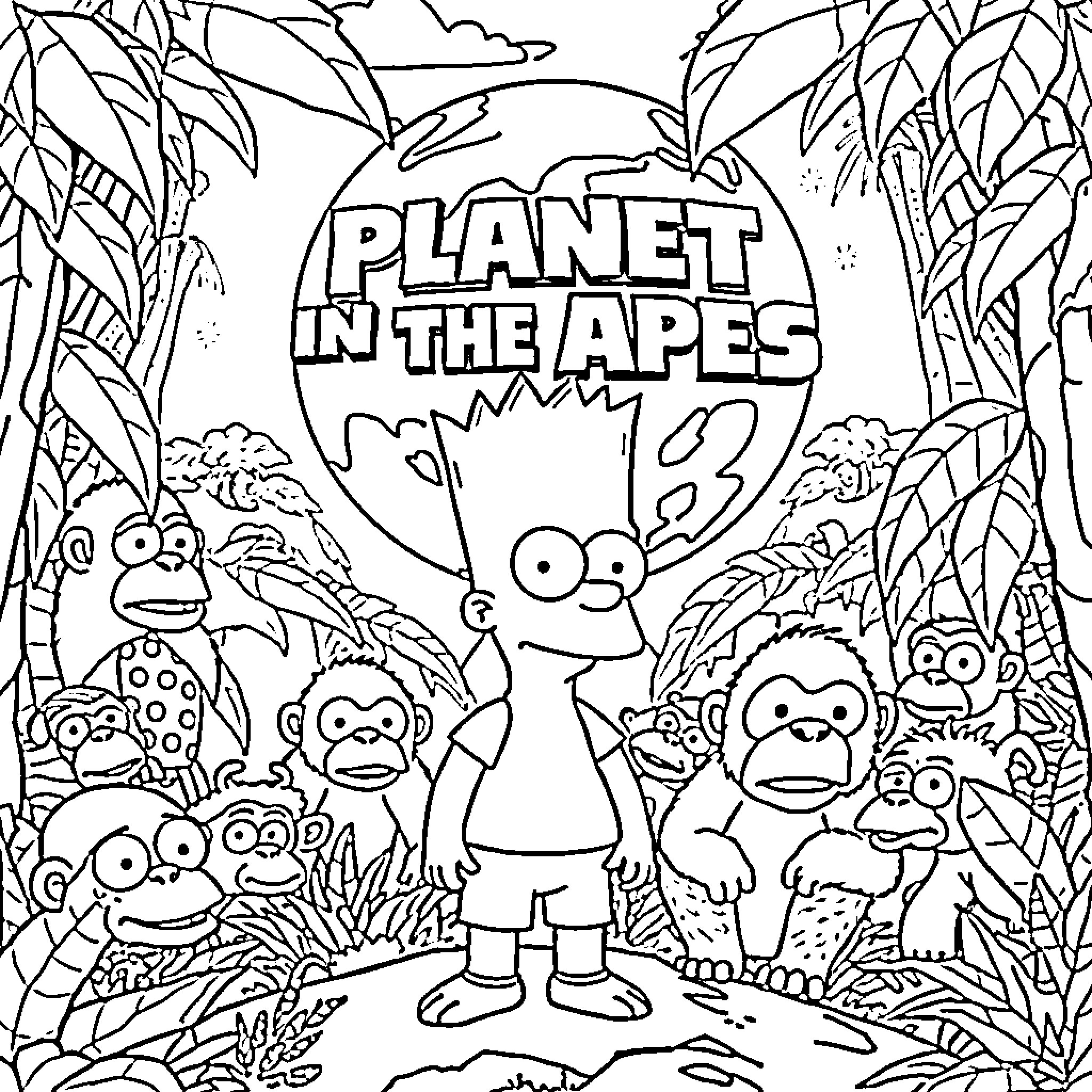 Bart Simpson in the Jungle Adventure Coloring Page (free black-and-white line drawing printable PDF for all, from beginners to advanced learners, including children, teens, adults, and seniors)