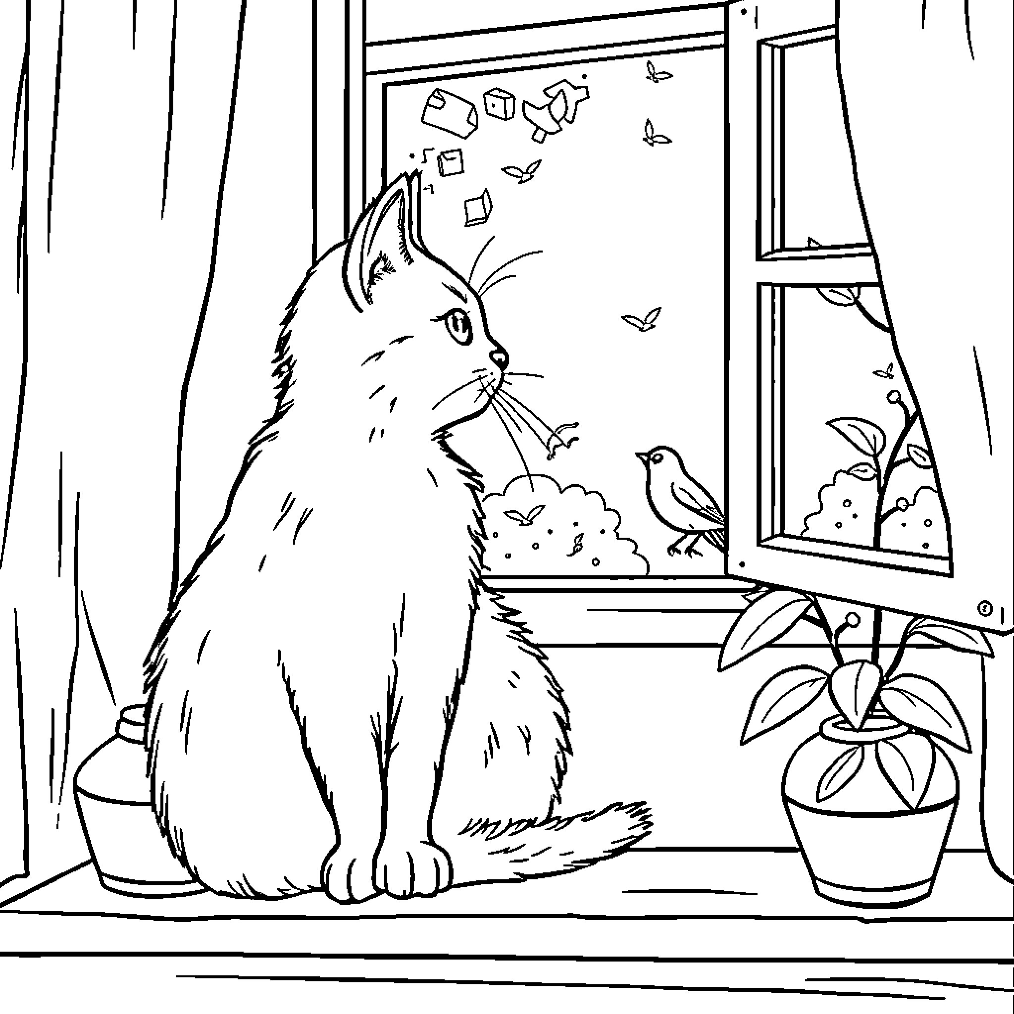 Cat watching birds and butterflies through window Coloring Page (free black-and-white line drawing printable PDF for all, from beginners to advanced learners, including children, teens, adults, and seniors)