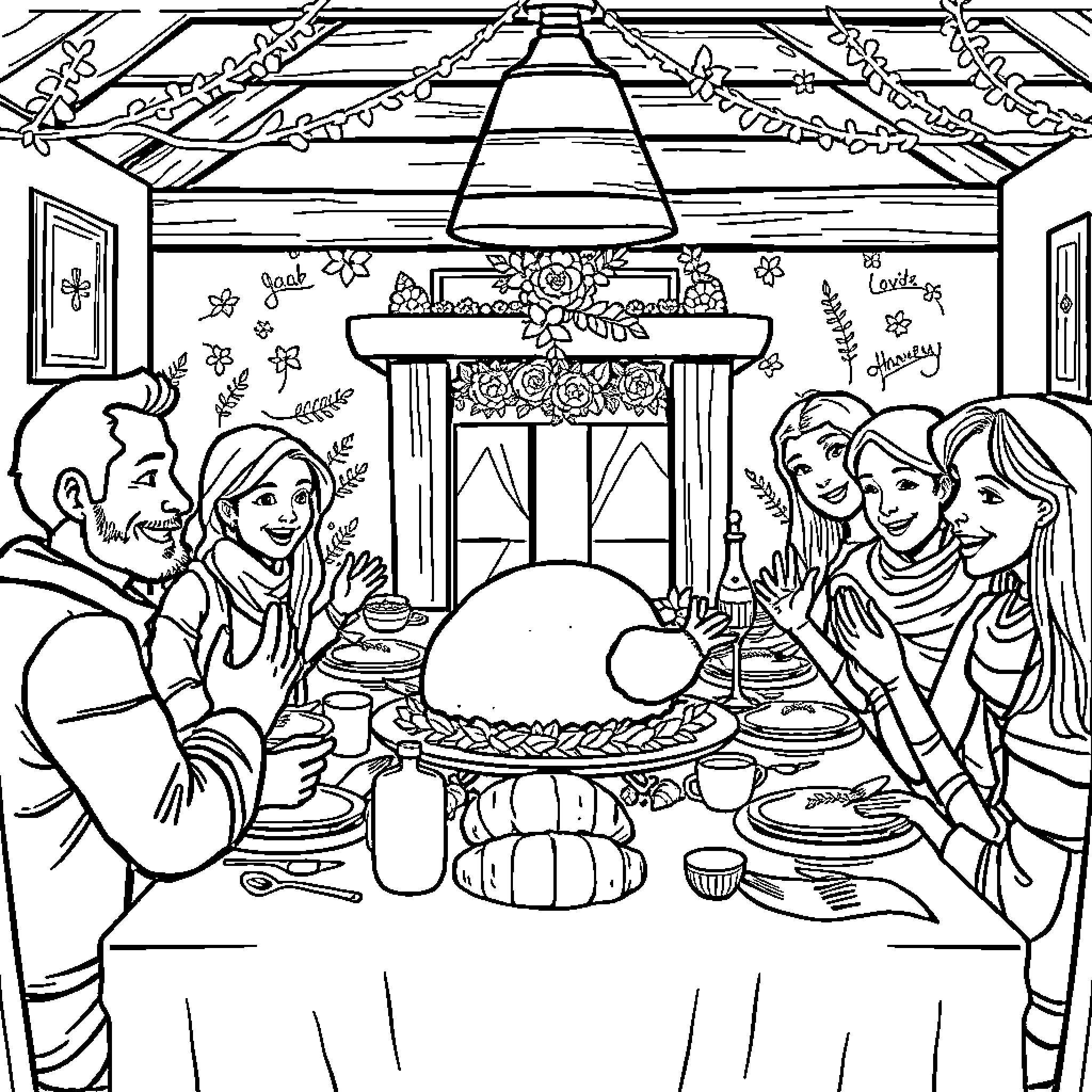 Thanksgiving Family Gathering and Feast Coloring Page (free black-and-white line drawing printable PDF for all, from beginners to advanced learners, including children, teens, adults, and seniors)
