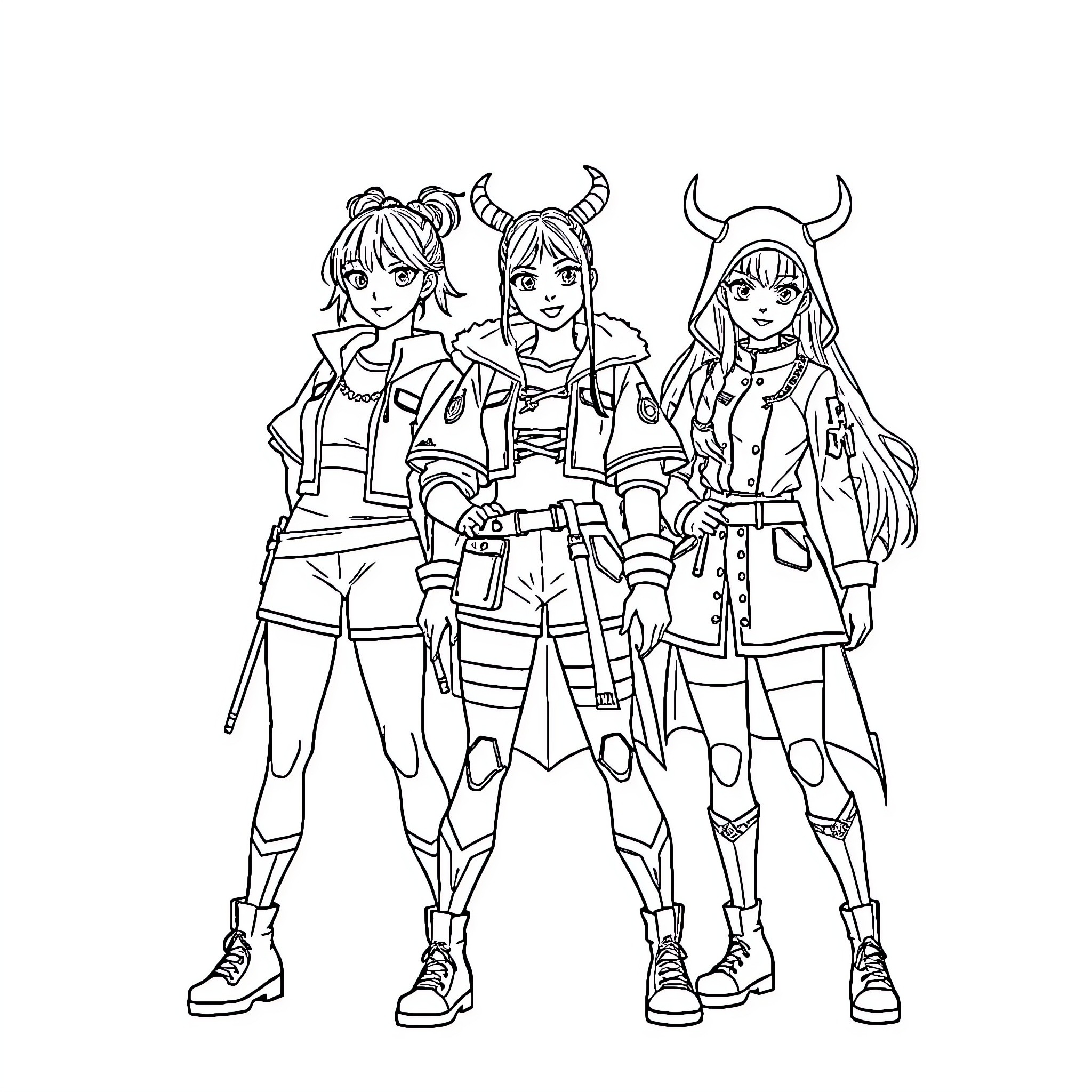 Rumi's Adventurous Trio in Stylish Attire Coloring Page (free black-and-white line drawing printable PDF for all, from beginners to advanced learners, including children, teens, adults, and seniors)