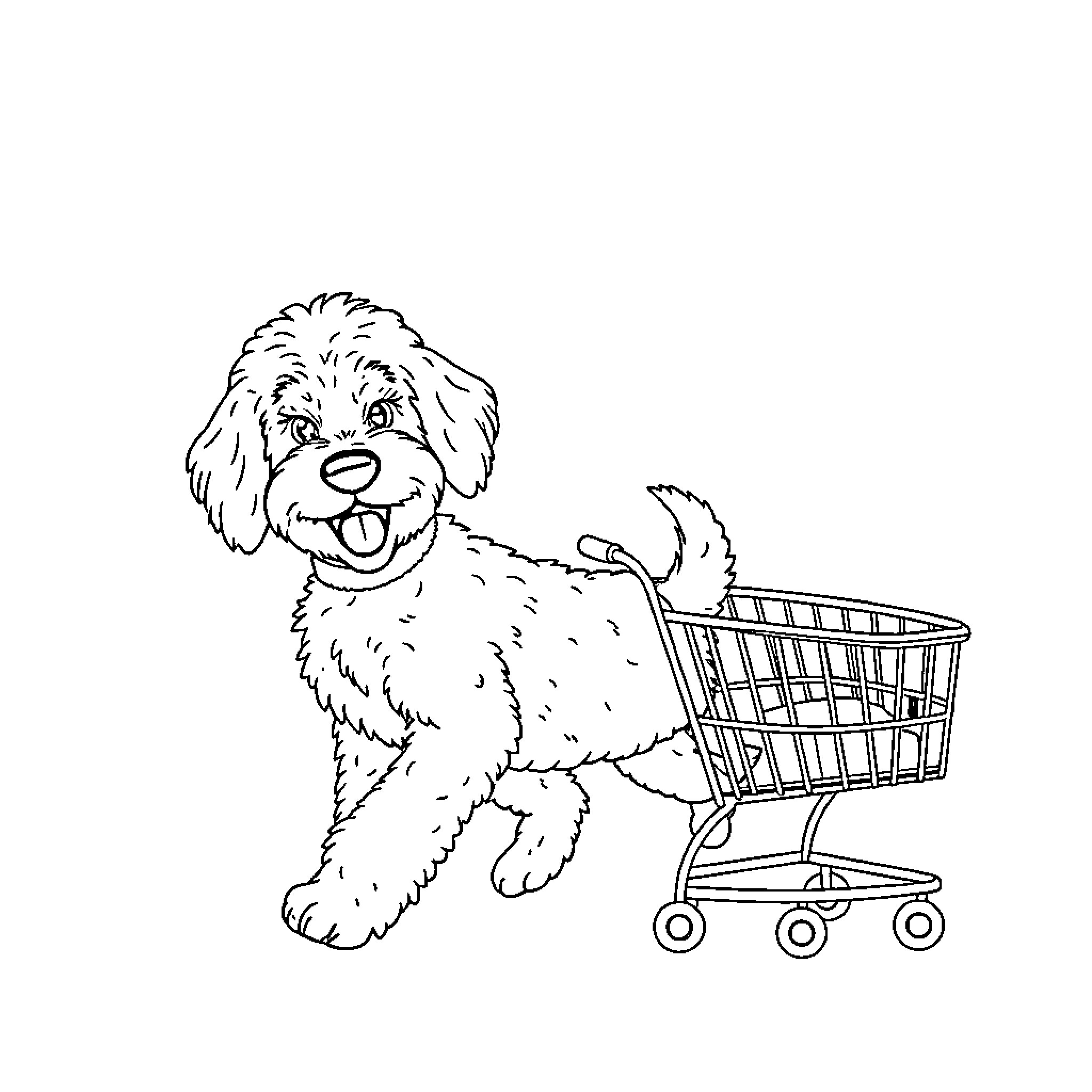 Goldendoodle happily playing with shopping cart Coloring Page (free black-and-white line drawing printable PDF for all, from beginners to advanced learners, including children, teens, adults, and seniors)