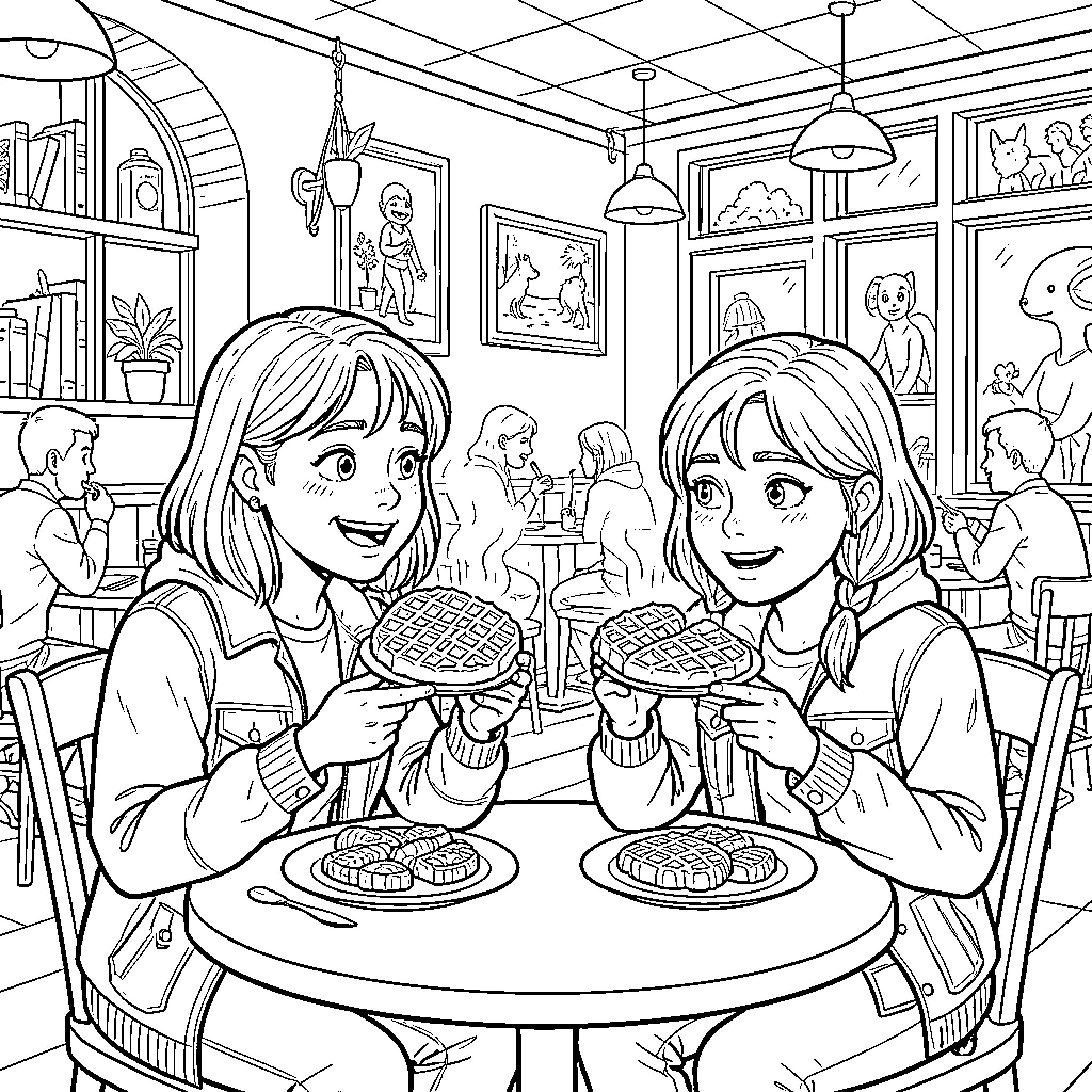 Onze Two Girls Sharing a Delightful Meal Coloring Page (free black-and-white line drawing printable PDF for all, from beginners to advanced learners, including children, teens, adults, and seniors)