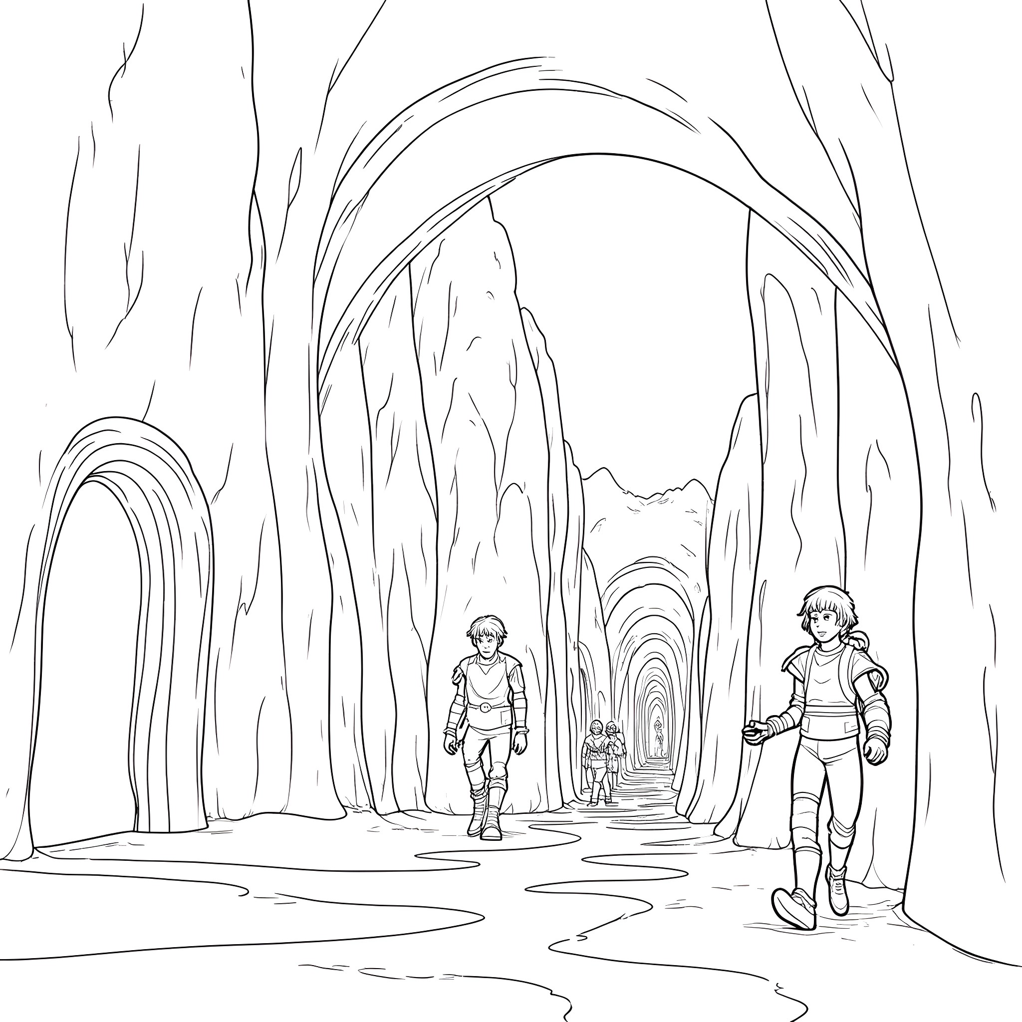 Dungeon Explorers Navigating Mysterious Caverns Coloring Page (free black-and-white line drawing printable PDF for all, from beginners to advanced learners, including children, teens, adults, and seniors)