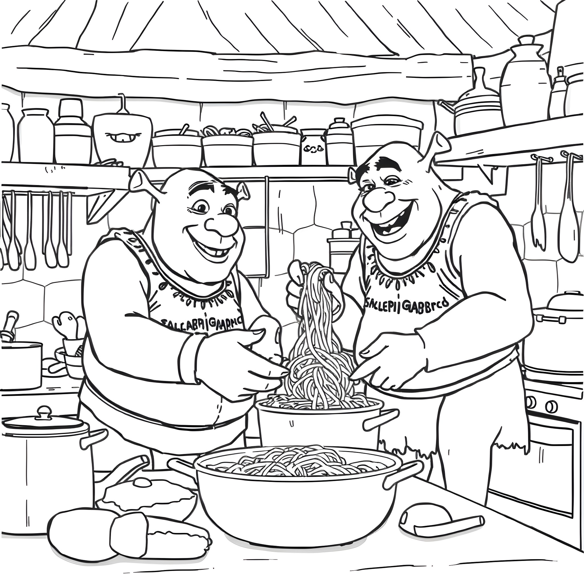 George Floyd's friends cooking together in the kitchen Coloring Page (free black-and-white line drawing printable PDF for all, from beginners to advanced learners, including children, teens, adults, and seniors)